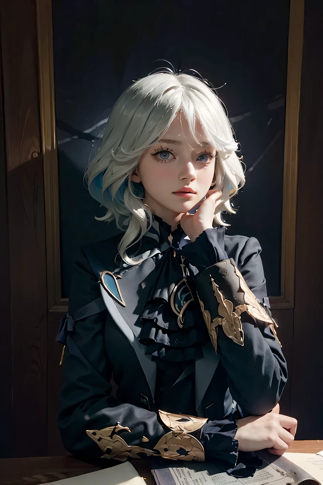 (In the dark:1.6), Surrealistic Female Portraits by David Hockney and Alphonse Mucha,Fantasy art, photograph realistic, Dynamic lighting, art stations, poster for, voluminetric lighting, Very detailed faces, 4 k'', Award-Awarded,, 1girll, In the dark, deepshadow, low tune,Cowboy shot,(official outfit:1.4) ,Long hair,White hair, Upper body