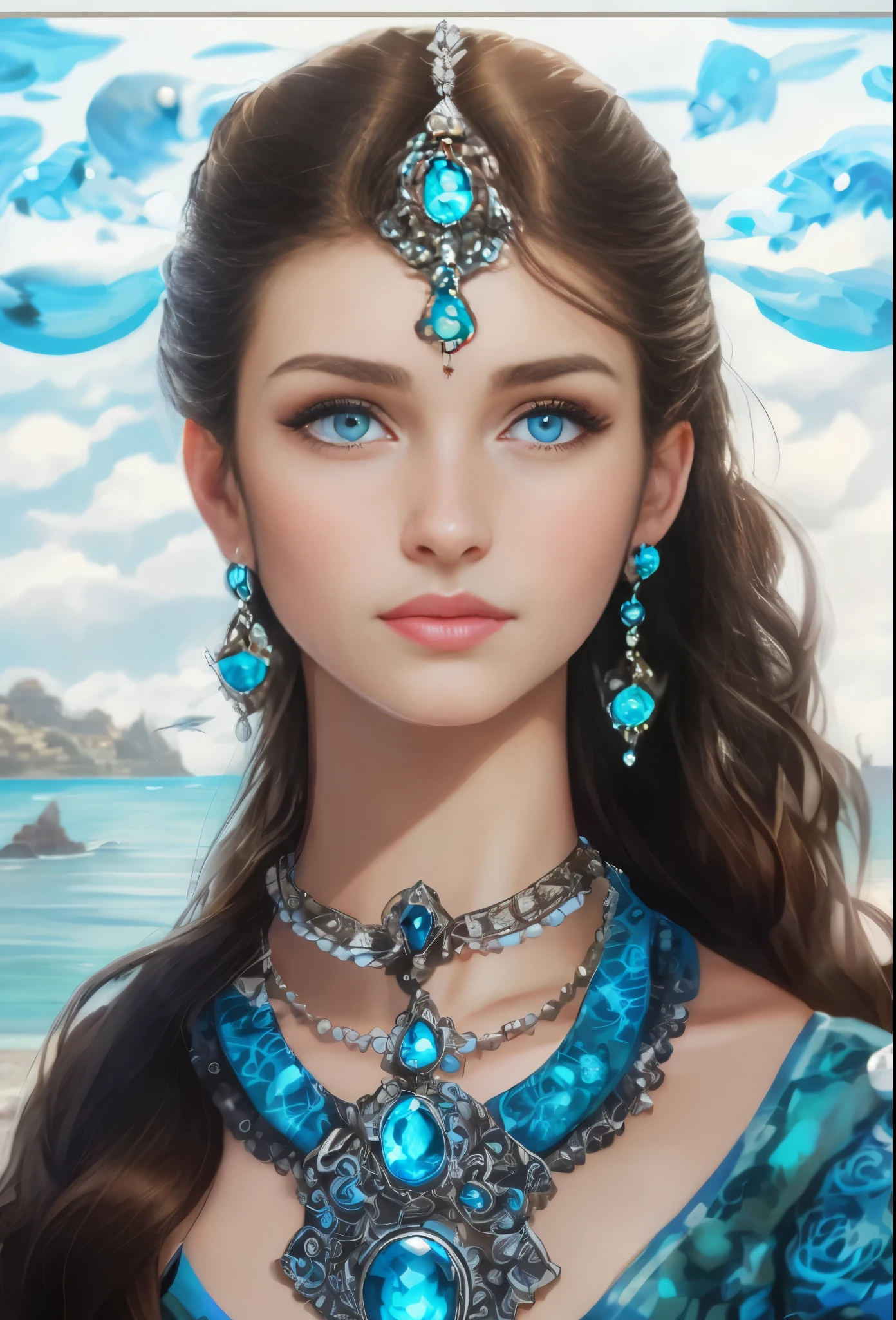 High resolution, brunette girl, 15 years old, bright blue eyes, pattern of stones on her face along the forehead to the temples, Brunette, temples slightly shaved, long black hair pulled back in a ponytail, temples slightly shaved, dressed in a silk shirt and loose trousers, bright blue eyes, portrait, the sea in the background, seagulls, realism, fantasy