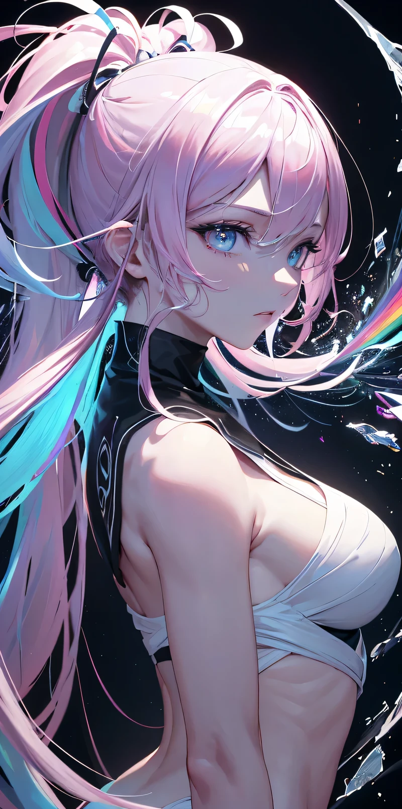 (masterpiece, top quality, best quality,watercolor )(medium),official art, beautiful and aesthetic:1.2),(1girl:1.3), (fractal art:1.3),upper body, from side, looking at viewer,patterns,(rainbow color Hair,colorful hair,half blue and half pink hair:1.2),water,liquid, cloud,colorful, starry,stars,close-up, big eyes, eyes, complex eyes, unique pupils, unusual pupils,starry sky, stars in the background, shining halo,((ultra detail retina:1.5)),embarassed, (midriff),((ultra detail eyes:1.5)),((extremely detailed CG unity 8k wallpaper,masterpiece, best quality)), ((ultra-detailed:1.5)),(best illumination, best shadow, an extremely delicate and beautiful),(extremely detailed CG unity 8k wallpaper,masterpiece, best quality, ultra-detailed),(best illumination, best shadow, an extremely delicate and beautiful),(perfect body: 1.5),(masterpiece), stunningly surreal, abstract imagination, dynamic movement, digital art, otherworldly, a burst of color, explosive energy, chaotic beauty, (1 figure - ambiguous gender), (hair flowing:1.2, hair glowing), (body distorted:1.5, body fragmented), (face obscured:1.2, half hidden), (background: broken, shattered, fractured), (light: flickering, pulsating, radiating).