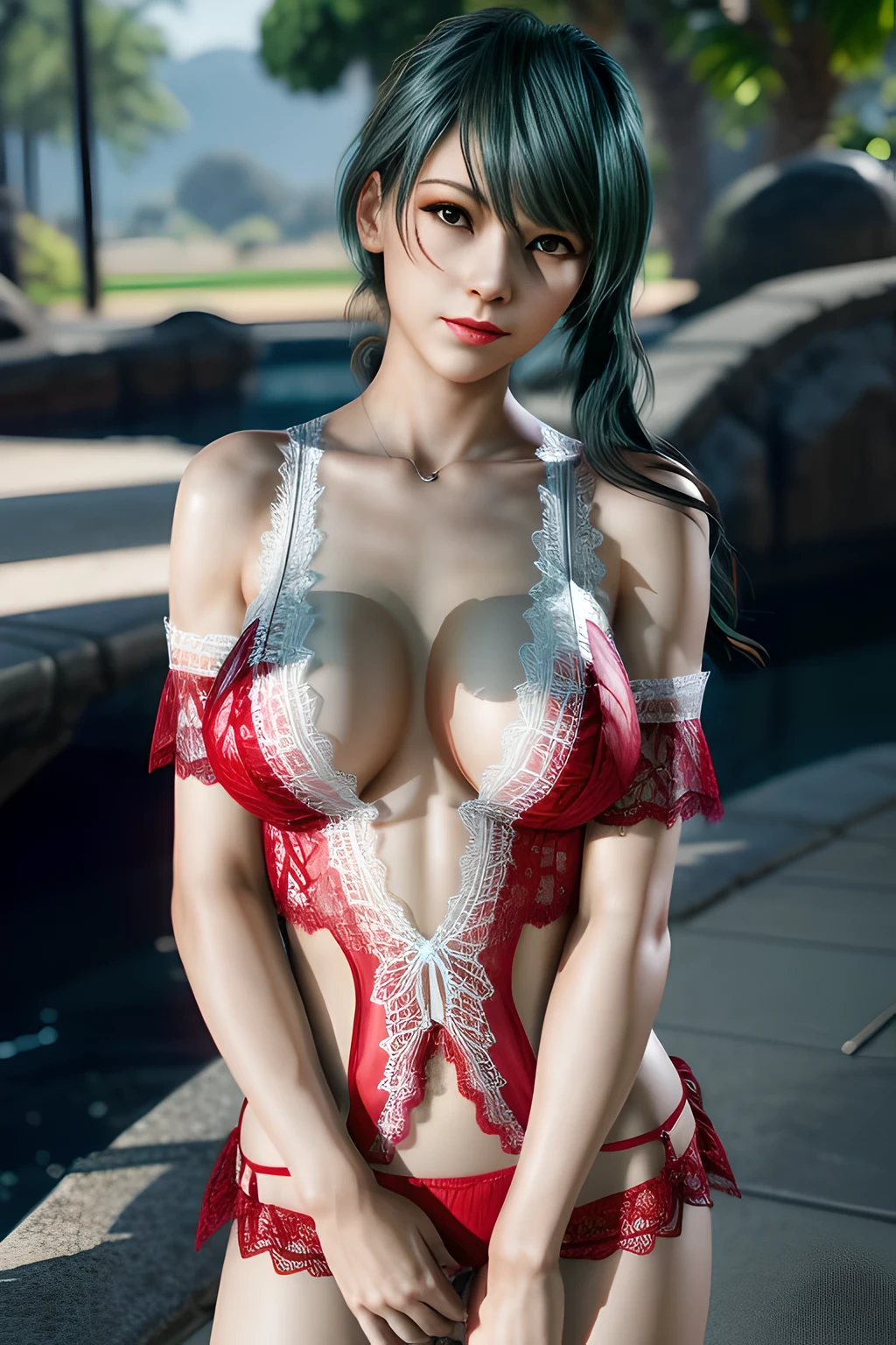 1 girl,vampire princess,Red Lingeri, (lace:1.3),stockings,outdoor, (standing posture),jewelry,Lips slightly open, lustful smile, red lips,(Lactation:1.2),(huge breasts),shiny skin,((8k, original photo, top quality, masterpiece), HD RAW color photos professional close-up photos), (actual, photorealism: 1.37), (best quality), (best shade),ultra high resolution, HD CG unified 8K wallpaper,soft sunshine,clothing details, alone,Tamaki