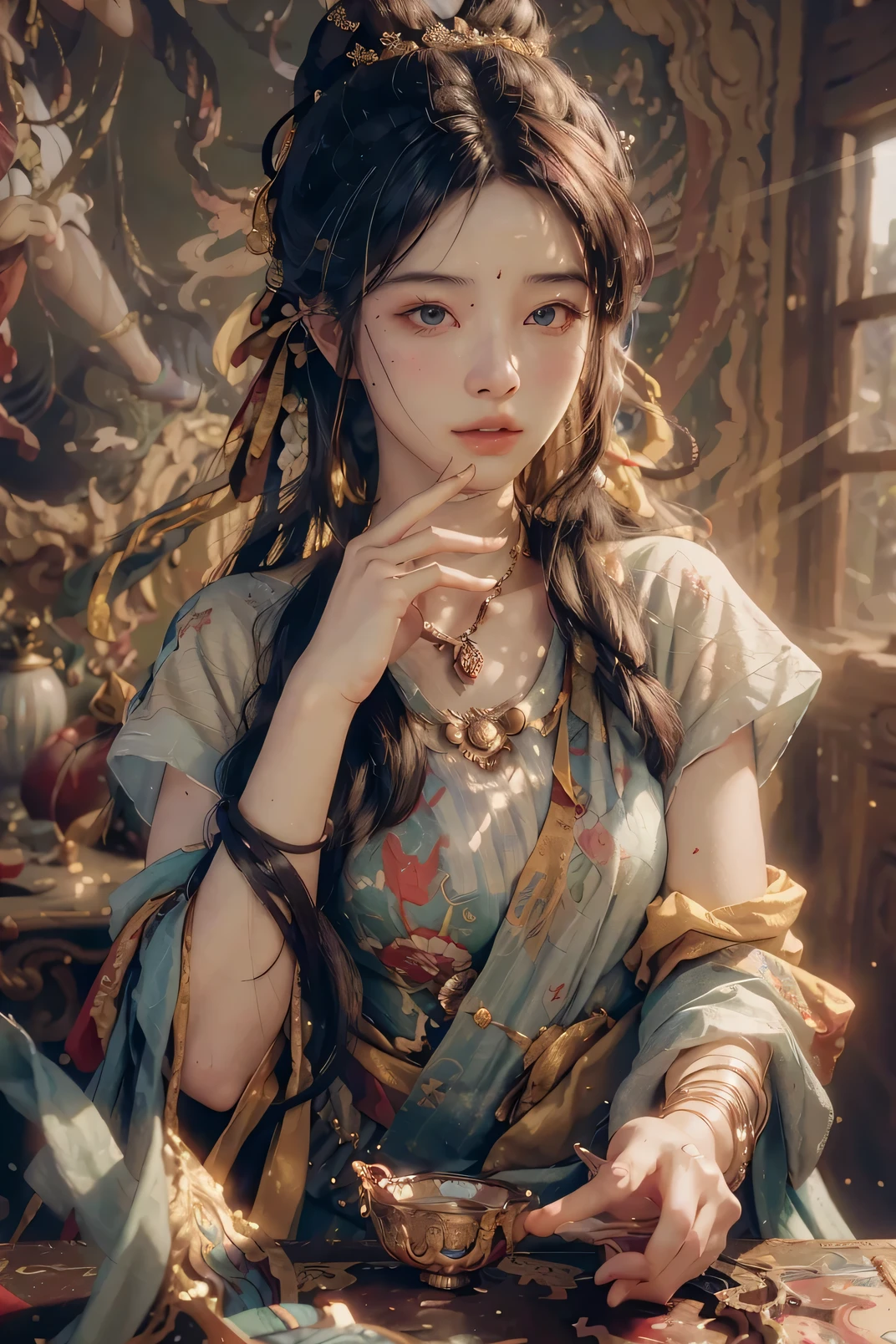 (RAW photo, best quality), (realistic, photo-realistic:1.3),best quality,highly detailed,masterpiece,ultra-detailed,illustration,1girl,upper_body,dynamic angle,world masterpiece theater,messy_long_hair,best quality,extremely detailed CG unity 8k wallpaper,ink,Amazing,cinematic lighting,lens_flare, dunhuang_style