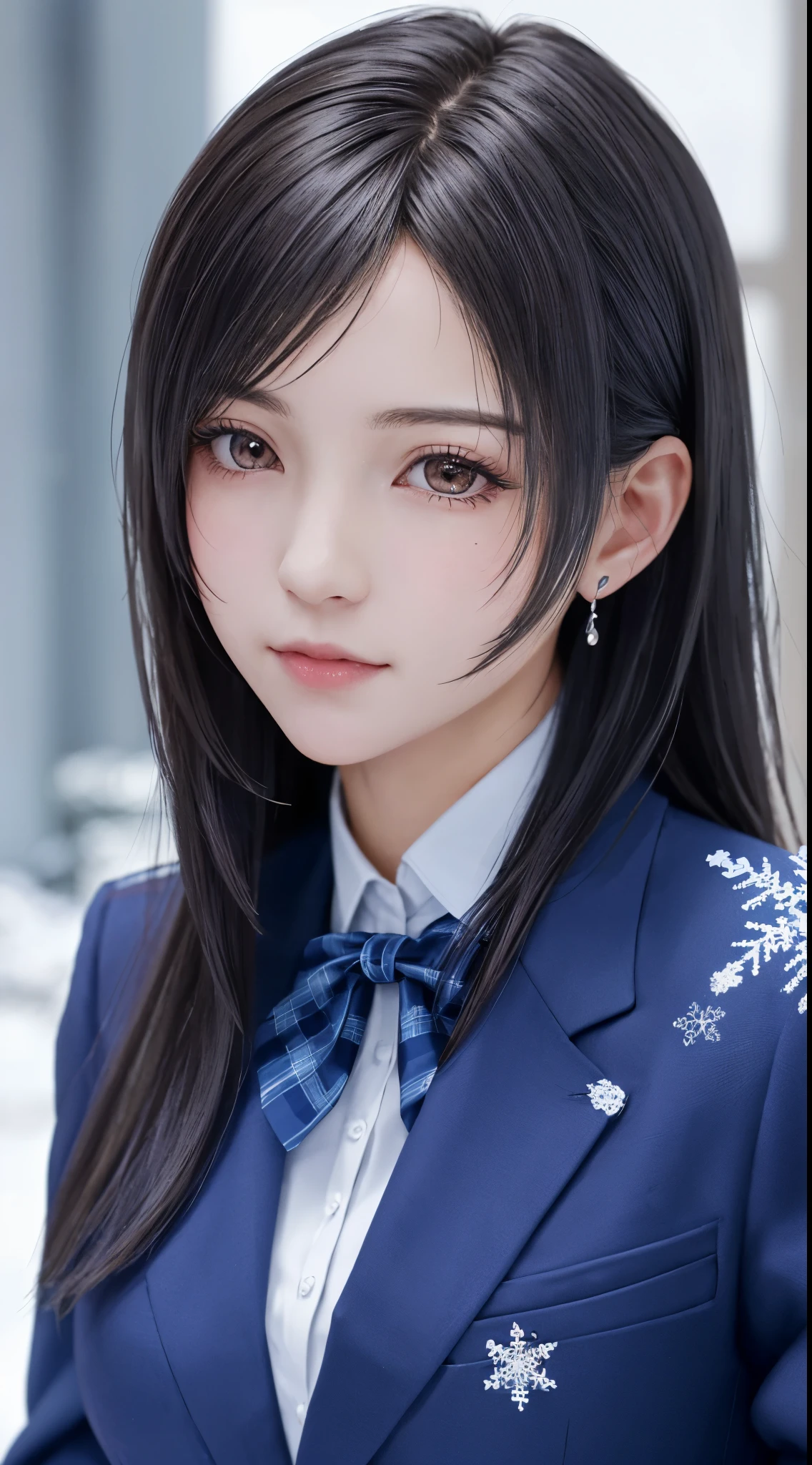 (top quality, masutepiece: 1.1,ultra detailed), (Realistic: 1.3), (photoRealistic: 1.3),wallpapers, BREAK from above:1.1,half closed eyes:1.1,(((FF7,Tifa_lockhart))),(((Fluffy wool scarf))),(((Japan jk uniform,Navy Blue blazer,school shirt,long-sleeved,Navy Blue Plaid Pleated mini-Skirt,Dark blue short socks,loafers))),(background big city,shibuya:1.1,hard snow:1.3,neon:1.2),Cinematic lighting,city light at night,(gravure pose:1.3,nogizaka idol),Ultra-detailed face, Detailed eyes,Red eyes, BREAK (((FF7,Tifa_lockhart))),(black brown hair, Large breasts: 1.0), BREAK , About 18 years old,kawaii,sensual,looking at viewer,wet body:1.3,Heavy snow , In the snow,Snow falls,(face focus:1.5,face close up:1.5),(she wants a kiss:1.2),(she blushes and looks at me),teary eyes:1.2