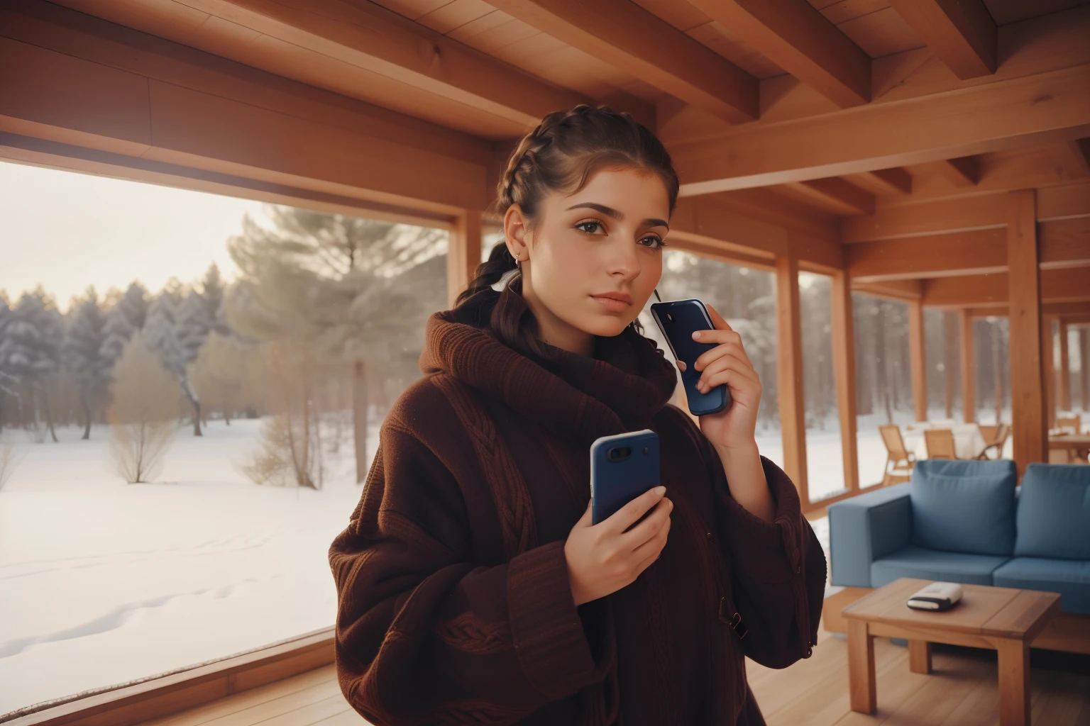Huelva, Spain, 2002. ((((20-year-old)) Inés)), piercing light eyes, talking on a phone in a winter lodge location. ((((casual winter clothings from the 2000s)))), ((hairstyle of the 2000s))