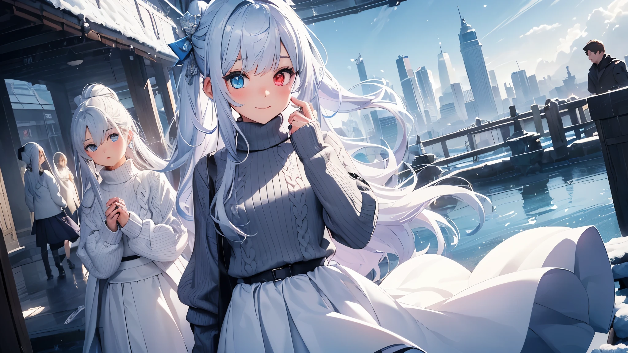 Best quality、photorealistic、super detail、delicate、orderly、high detail、bluish silver ponytail、(droopy iris of heterochromia,glowing eyes:1.4)、、、big smile、slender、full body、blurred background、(1 girl:1.2)、dynamic angle、game CG、(ice sculpture、Winter Park、frolicking girl、duffel coat、high neck sweater、long skirt:1.3),ambient occlusion、ambient light、raytraced reflections、glow、shining hair、