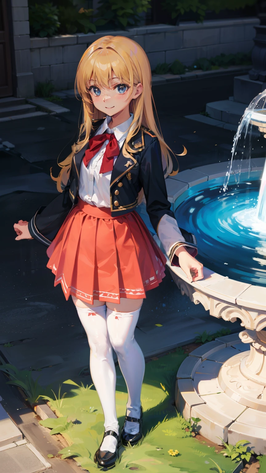 Aim from above,highest quality, full body portrait, delicate face, cute face,A smiling smile,  female, slim body shape, small bust, high school uniform,double skirt suit, (((white knee high stockings))), outdoor scene,filled with bright sunlight,In front of a cute fountain