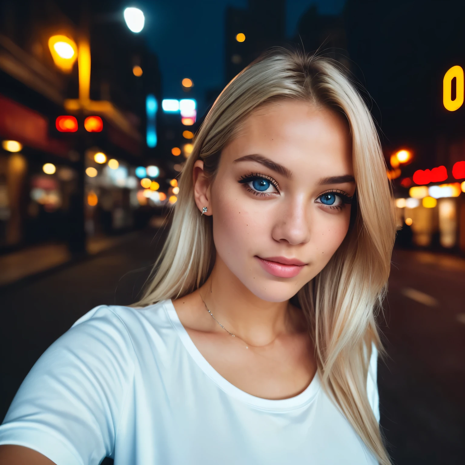 (selfie, front view: 1.4), (straight half of the body: 1.4), RAW UHD portrait photo of a 24-year-old blonde (light blue-eyed woman) walking down a gym, large breasts,, city at night, (white crew neck t-shirt skirt), (neckline), details (textures! , hair! , glitter, color!! , disadvantages: 1.1), glossy eyes with high detail (looking at the camera), SLR lighting, SLR camera, ultra-quality, sharpness, depth of field, film grain (center), Fujifilm XT3, crystal clear, frame center, beautiful face, sharp focus, street lamp, neon lighting, bokeh (dimly lit), night, (night sky), detailed skin pores, oily skin, sunburn, complex eye details, full body, large breasts