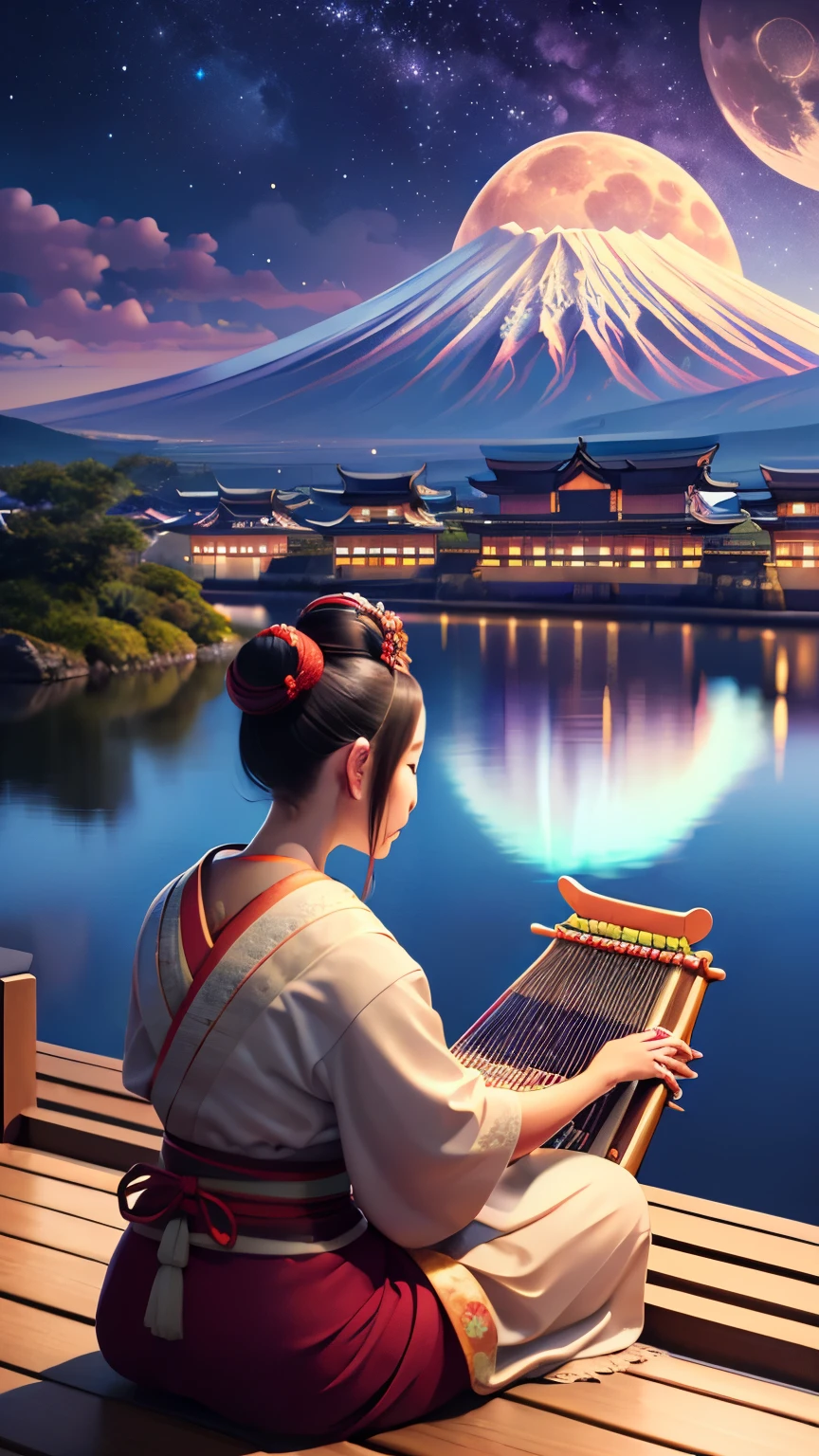 woman playing the koto,Women of the Edo period,full moon night,The moon and Mt. Fuji are in the background、I can see the castle,Japan,lonely face,war,samurai&#39;s wife,