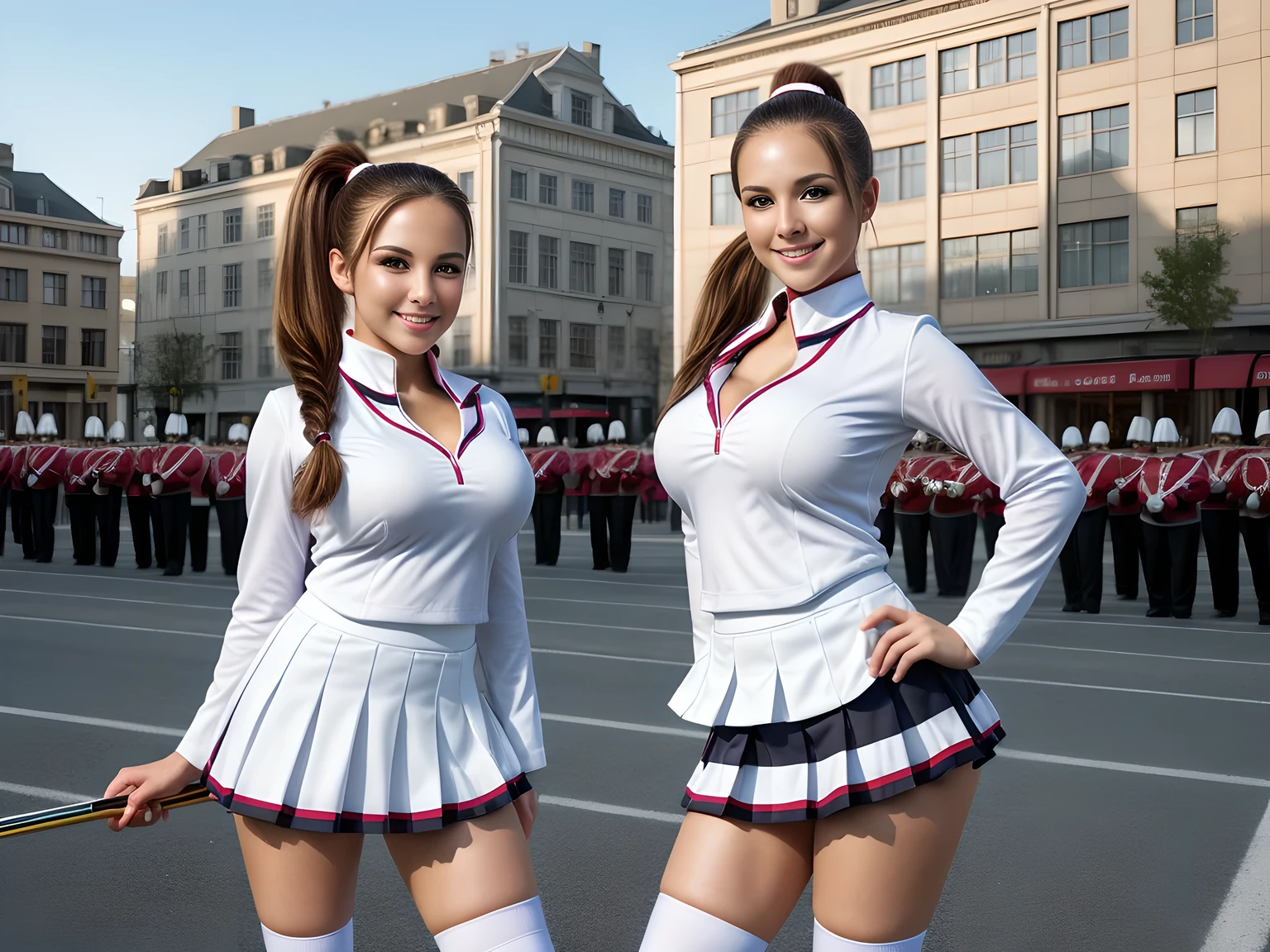 ((best quality)), ((best work)),(( ultra detail)), portrait, wide shooting angle, female majorette, beautiful, sexy, (half ponytail hair), detailed eyes, detailed face, bright face , big breasts, sweet smile, dynamic poses, , (majorette uniform), cleavage, (short skirt folded), lingier, stockings, big thighs, shoes, background, marching band neatly lined up, streets, buildings, very detailed, photos realistic, ((depth of field)), soft lighting, three items in the art station, conceptual art, ((intricate detail)), canon_dslr, hdr, 8k
