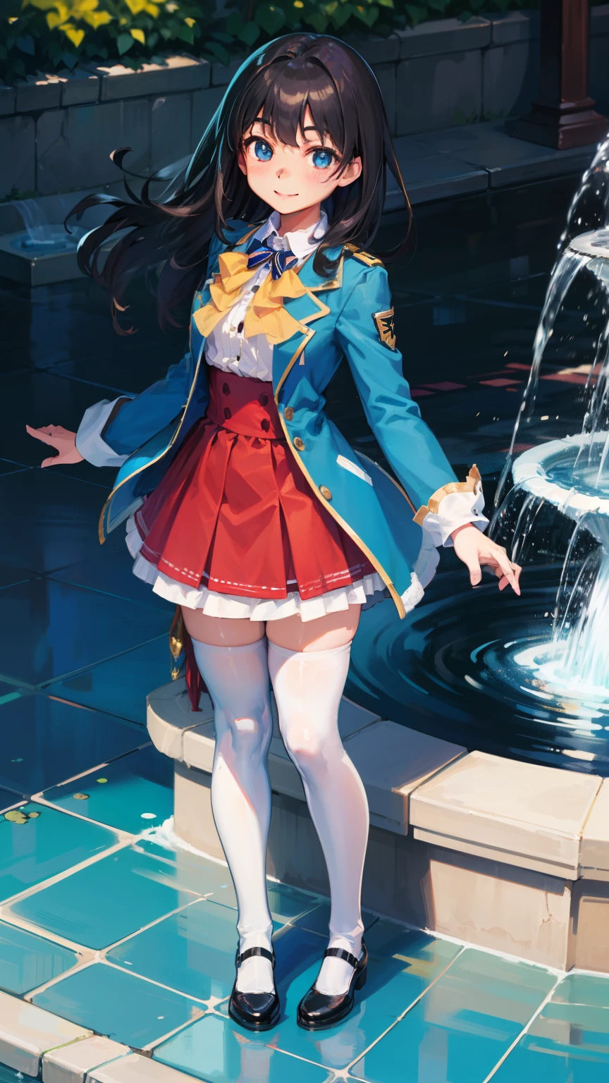 Aim from above,highest quality, full body portrait, delicate face, cute face,A smiling smile, female, slim body shape, small bust, high school uniform,double skirt suit, (((white knee high stockings))), outdoor scene,filled with bright sunlight,In front of a cute fountain