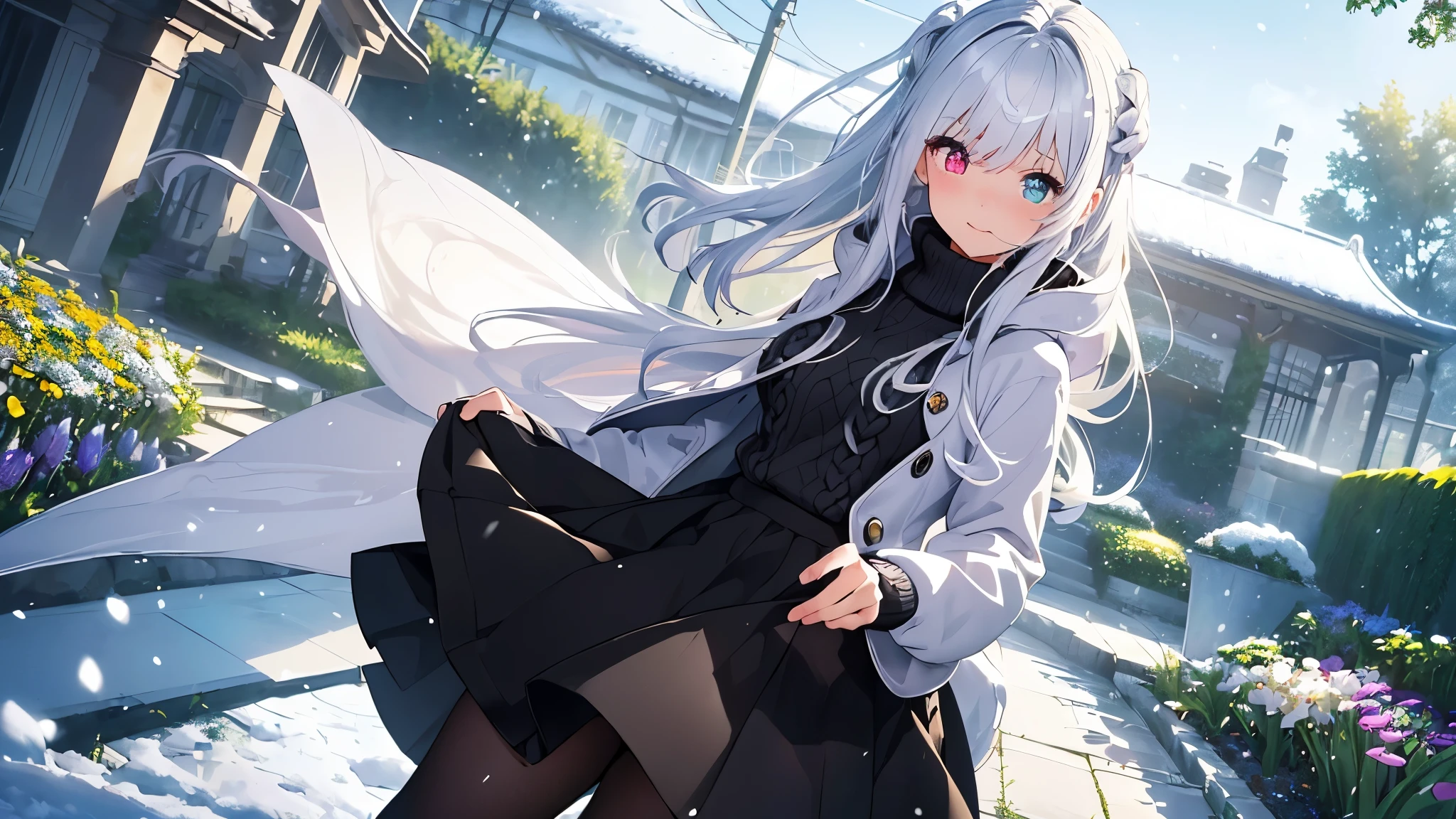 Best quality、photorealistic、super detail、delicate、orderly、high detail、bluish silver ponytail、(droopy iris of heterochromia,glowing eyes:1.4)、、10 years old、big smile、slender、full body、blurred background、(1 girl:1.2)、dynamic angle、game CG、(snow scene、garden、frolicking girl、Mokomoko coat、high neck sweater、long skirt、black tights:1.3),ambient occlusion、ambient light、raytraced reflections、glow、shining hair、