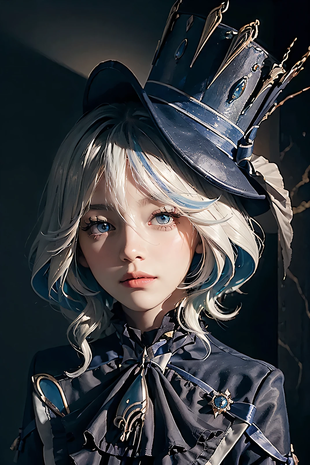 (In the dark:1.6), Surrealistic Female Portraits by David Hockney and Alphonse Mucha,Fantasy art, photograph realistic, Dynamic lighting, art  stations, poster for, voluminetric lighting, Very detailed faces, 4 k'', Award-Awarded,, 1girll, In the dark, deepshadow, low tune,Cowboy shot,(official outfit:1.4) ,Long hair,White hair, Upper body