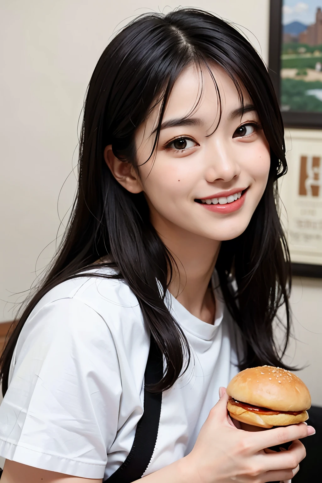 A 20-year-old woman with the cute face of an idol who looks 15 years old. Gentle and cute Please smile kindly Bust is larger Bikini Eating a delicious hamburger in a stylish restaurant Raw photo real genuine real life No copyright notice