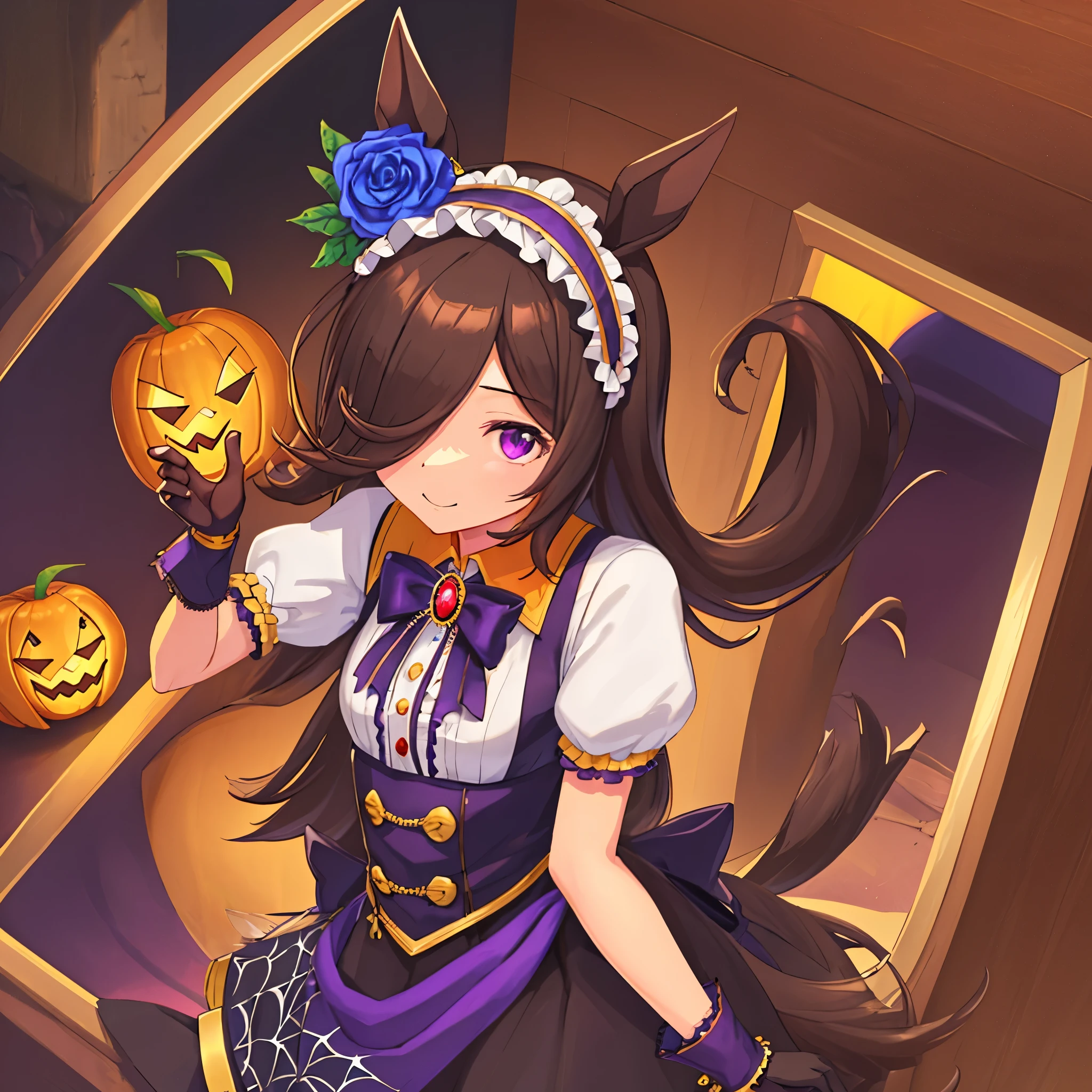 Masterpeace,Rice Shower,evil smile,claw pose,official alternate costume, halloween costume, hair flower, blue rose, hair ornament, frilled hairband, purple gloves, striped bowtie, black bowtie, brooch, puffy short sleeves, bat wings, collared shirt, white shirt, center frills, jack-o'-lantern, orange bow, high-waist skirt, medium skirt, purple skirt, spider web print, black skirt, purple footwear