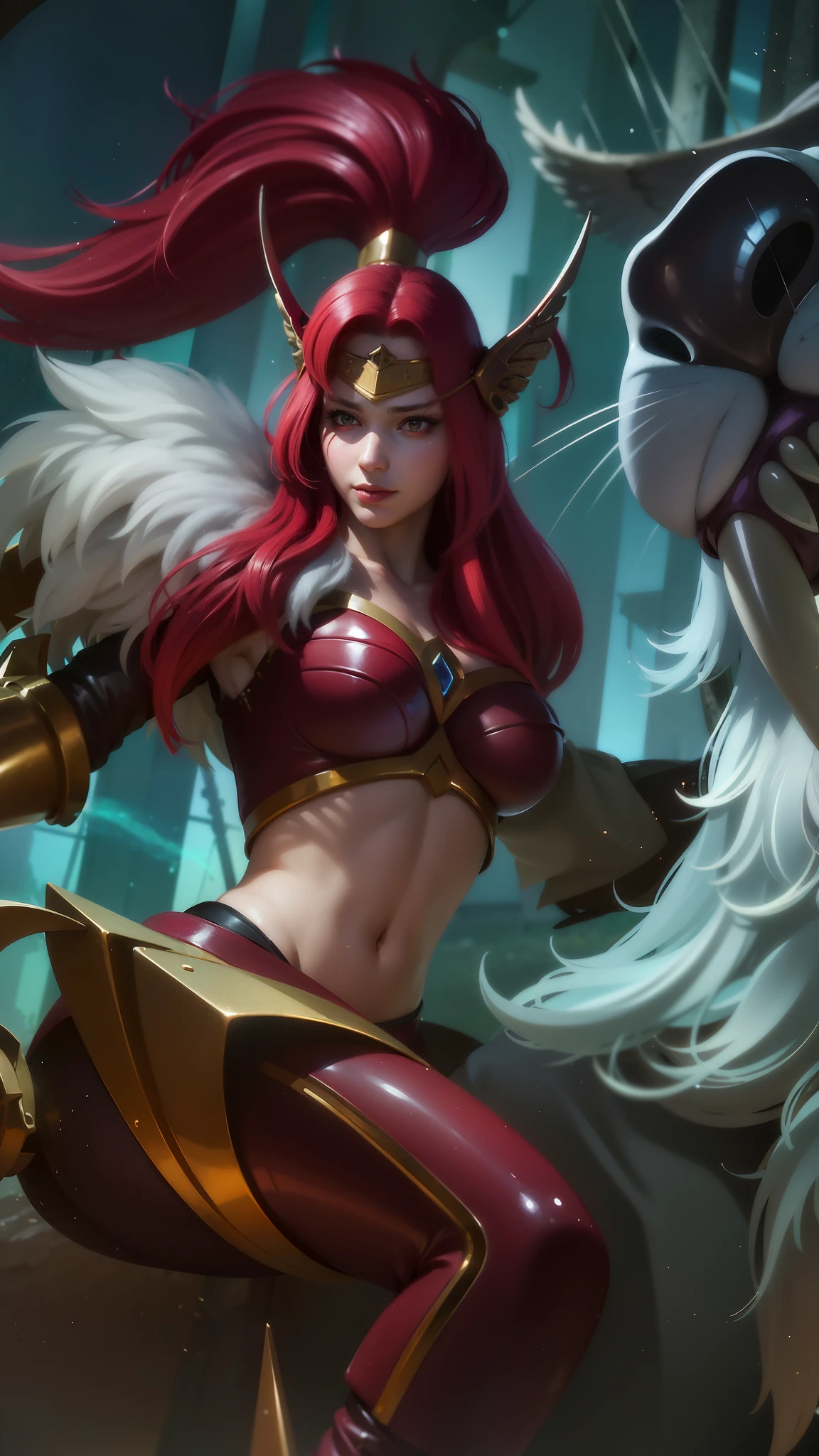 (female:1.2), 8k, ultra hd, ultra detailed texture, hyper realistic, masterpiece, detailed texture, detailed face, detailed skin, detailed lighting, (photorealistic:1.5), best quality, beautiful lighting, cinematic lighting, professional lighting, ultra highres, realistic, detailed hair, real hair, high quality, (realskin:1.5), extremely detailed, finely detail, ultra-detailed, 1girl, solo, floating, (red eyes:1.5), fire eyes, glowing eyes, black lips, v-shapped eyes, closed mouth, angry, colored skin, dark skin, purple skin, nose, pretty, beautiful, make up, cute face, evil smile, short hair, red hair bangs, large breasts, thigh, pauldrons, black pants, belt, purple coat, mechanical wings, armor shoulder, gloves, eudora \(mobile legends\), depth of field, looking aways, skin tight, amazing pose, glowing electric, lighting, blurry background.