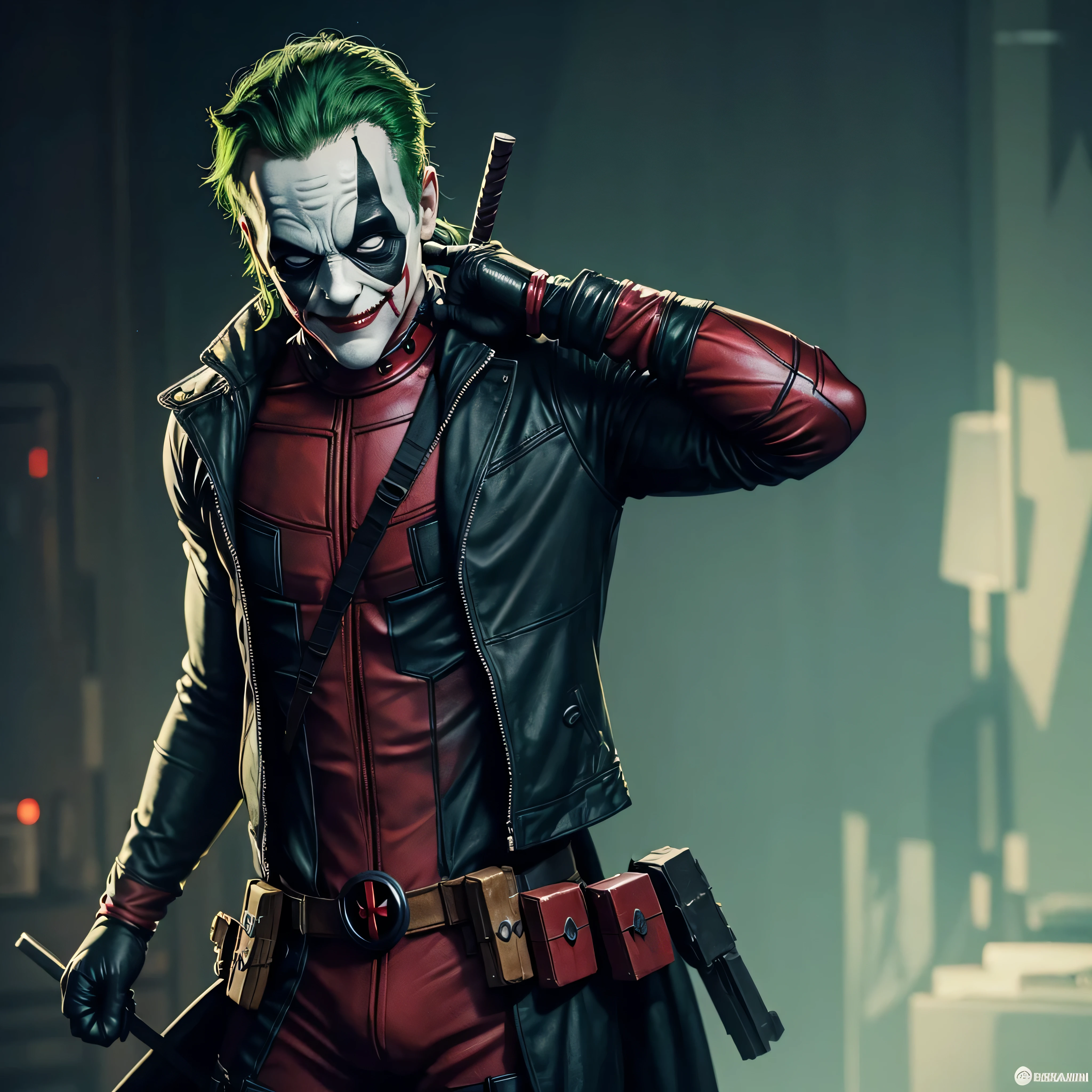 1man, deadpool joker dressed as DeadPool, green hair, bem detalhado