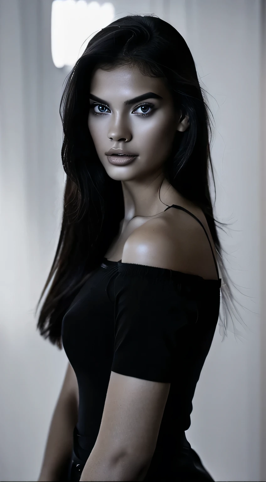 16 thousand., Hyper realistic quality, masterpiece, 1 girl, Chinese, The girl looks like Linda Evangelista in her youth., Anerexic slim model, straight long dark hair, hair grows from the girl's movement, photography portrait, a girl standing, looks straight at us,
((Girl in a black blouse, V-neck blouse, Photography in the studio on a white background., fashion photography, soft shadows, backlight, Fill light, Background light, key light, Monochrome photographs, grainy, photographic quality, cinematic quality.