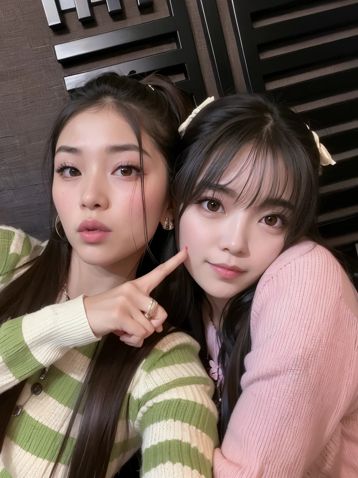 Two Asian girls posing for a photo with their fingers up., ulzzang, tzuyu from dos veces, con hiedra, dos veces, roseanne park of rosa negro, nixeu y sakimichan, rosa negro jennie, jossi of rosa negro, rosa negro, Lalisa Manobal, # jefe, #jefe, maquillaje popular de corea del sur, 🔞🤡, maquillaje coreano popular