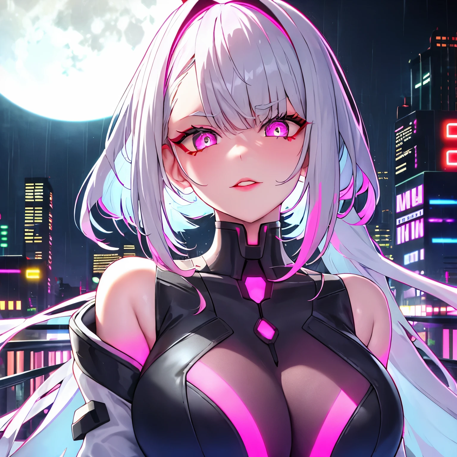 Lucy \(cyberpunk\), 1 girl, scrunchy, hime cut, silver hair, color tips, full moon, Grey eyes, jacket, long sleeves, Looking at the viewer, medium hair, multicolored hair, Parted bangs, parted lips, pink hair, portrait, Red eyeliner, Red lips, One, white jacket, cyberpunk \(Row\), rainy night in a cyberpunk city with glowing neon lights большие сиськи