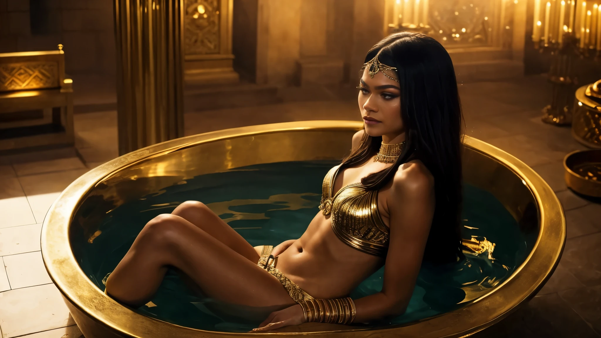 zendaya portrayed as Cleopatra, bathing in a golden bathtub from ancient Egypt, phothotorealistic scene, dramatic, cinematic, 4k resoltion, hyperdetailed, dramatic scene, full body angle, front view,