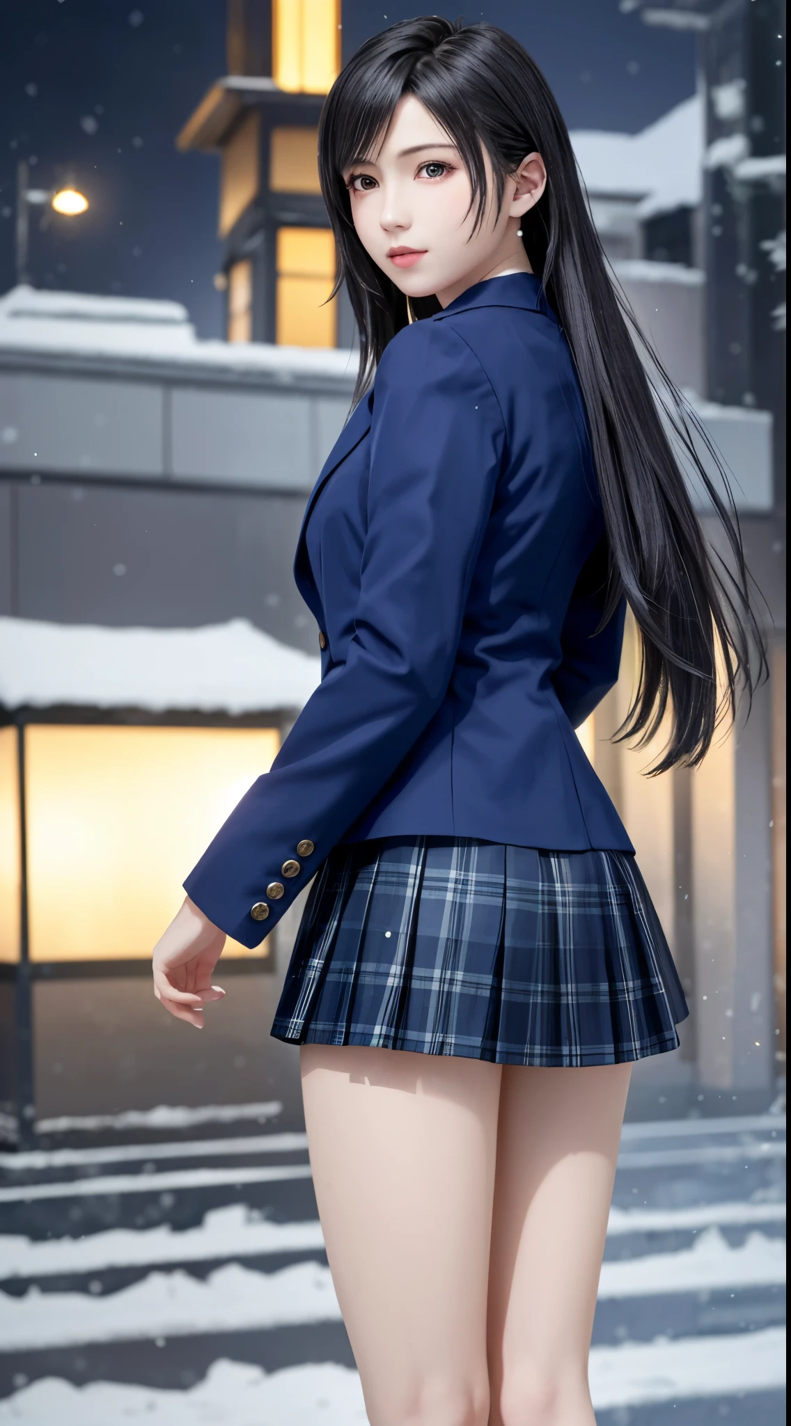 (top quality, masutepiece: 1.1,ultra detailed), (Realistic: 1.3), (photoRealistic: 1.3),wallpapers, BREAK (((FF7,Tifa_lockhart))),(((knet,very fluffy, long scarf))),(((Japan jk uniform,Navy Blue blazer,school shirt,long-sleeved,Navy Blue Plaid Pleated mini-Skirt,Dark blue short socks,loafers))),((Hair is inside the scarf)),(from behind:1.2,back hair),(background big city,shibuya:1.1,hard snow:1.3,neon:1.2),Cinematic lighting,city light at night,(gravure pose:1.3,nogizaka idol),Ultra-detailed face, Detailed eyes,Red eyes, BREAK (((FF7,Tifa_lockhart))),(black brown hair, Large breasts: 1.0), BREAK , About 18 years old,kawaii,sensual,looking at viewer,Beautiful legs,walking,wet body:1.3,Heavy snow  , In the snow,Snow falls