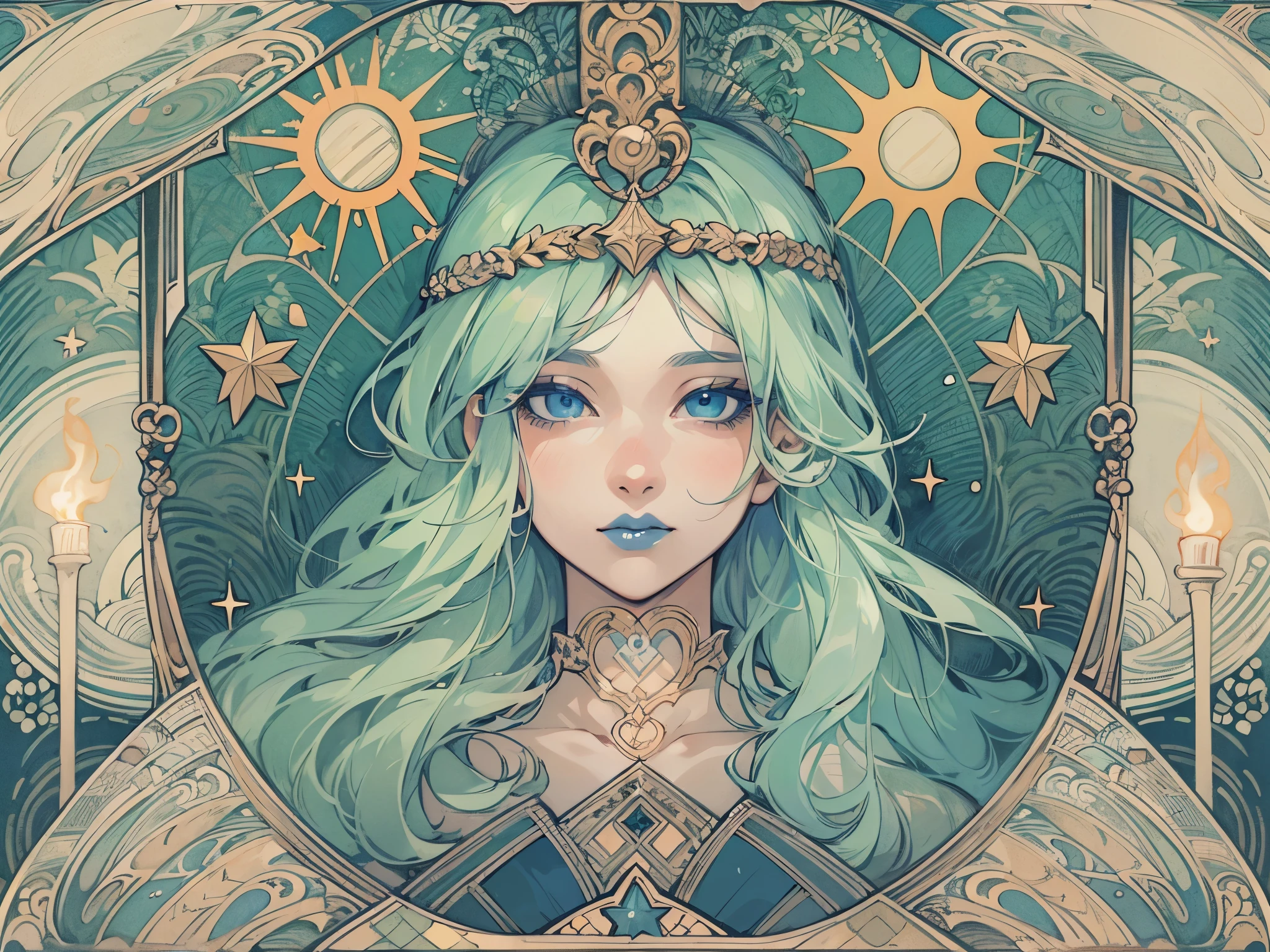 concept art,tarot cards,borders,European pattern,tarot,alone,star (symbol),1 girl,blue lips,blue eyes,sun symbol,compensate,card (Moderate),