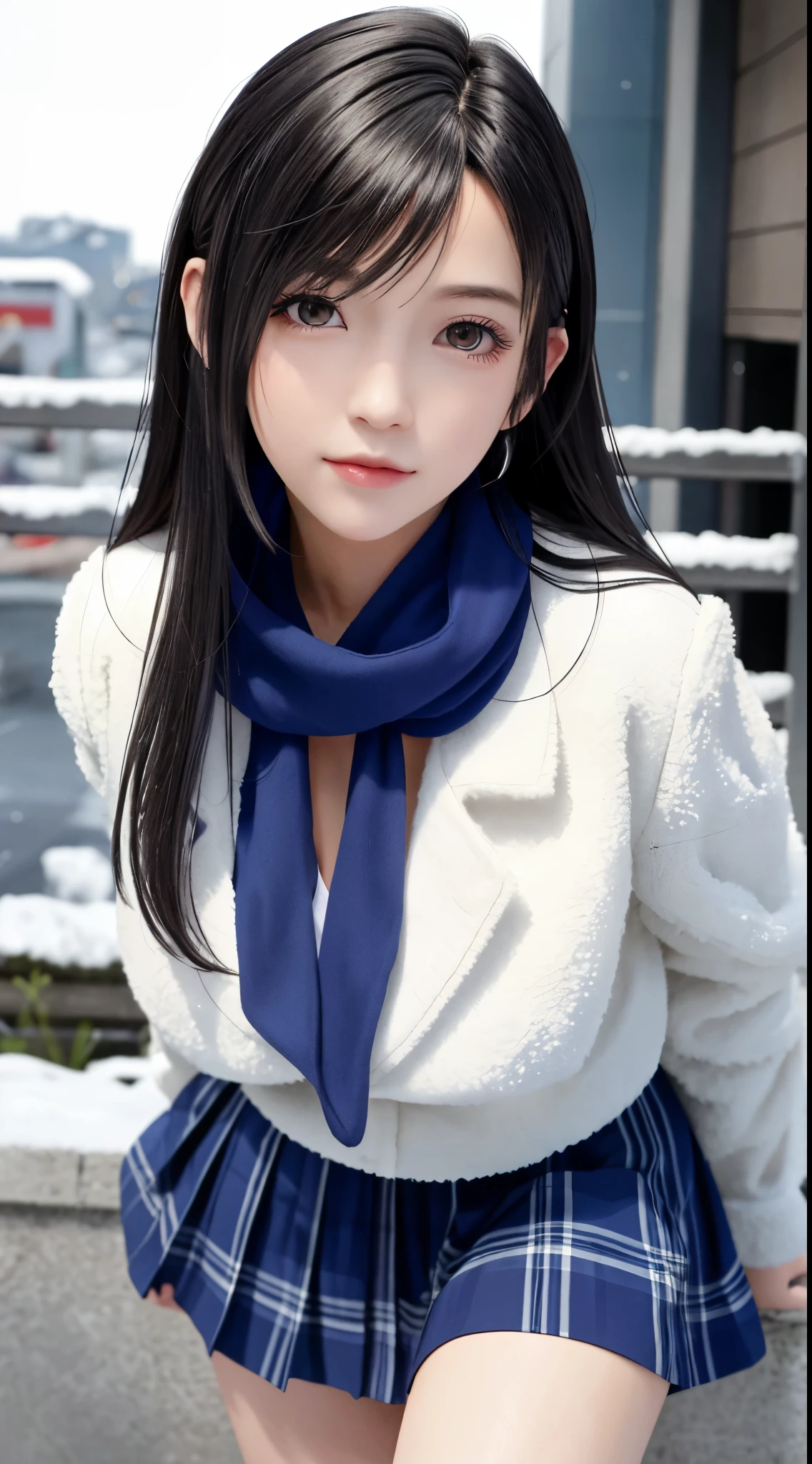 (top quality, masutepiece: 1.1,ultra detailed), (Realistic: 1.3), (photoRealistic: 1.3),wallpapers, BREAK (((FF7,Tifa_lockhart))),(((knit scarf,very fluffy scarf, long scarf))),(((Japan jk uniform,Navy Blue blazer,school shirt,long-sleeved,Navy Blue Plaid Pleated mini-Skirt,Dark blue short socks,loafers))),((Hair is inside the scarf)),(background big city,shibuya:1.1,hard snow:1.3,neon:1.2),Cinematic lighting,city light at night,(gravure pose:1.3,nogizaka idol),Ultra-detailed face, Detailed eyes,Red eyes, BREAK (((FF7,Tifa_lockhart))),(black brown hair, Large breasts: 1.0), BREAK , About 18 years old,kawaii,sensual,looking at viewer,Beautiful legs,walking,wet body:1.3,Heavy snow  , In the snow,Snow falls