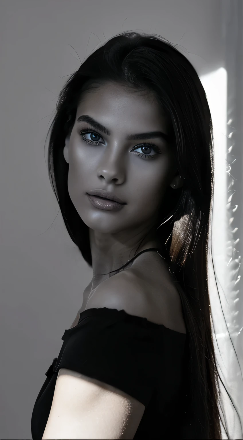 16 thousand., Hyper realistic quality, masterpiece, 1 girl, Chinese, The girl looks like Linda Evangelista in her youth., Anerexic slim model, straight long dark hair, hair grows from the girl's movement, photography portrait, a girl standing, looks straight at us,
((Girl in a black blouse, V-neck blouse, Photography in the studio on a white background., fashion photography, soft shadows, backlight, Fill light, Background light, key light, Monochrome photographs, grainy, photographic quality, cinematic quality.