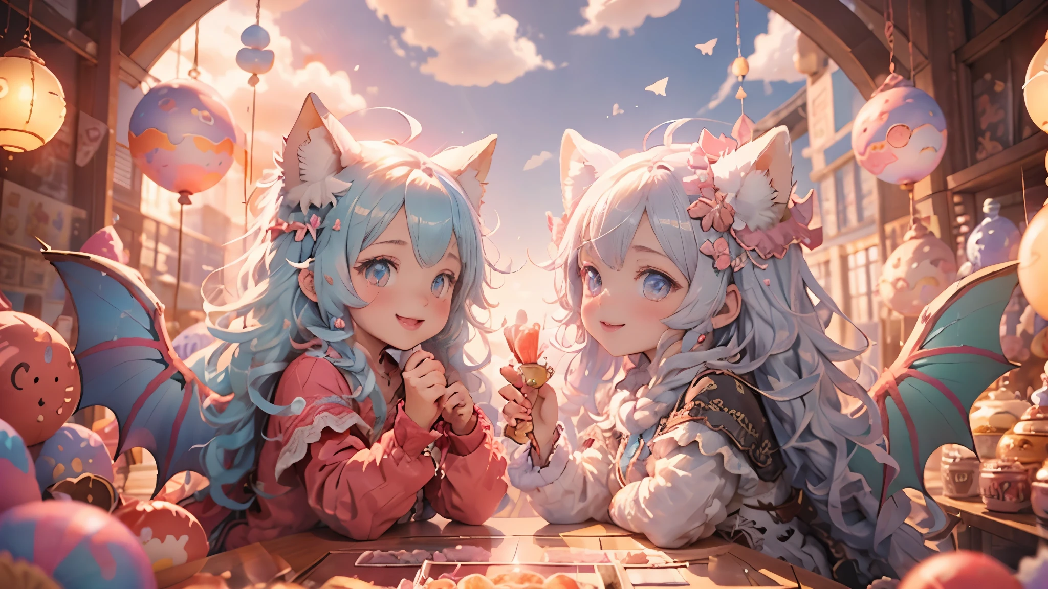 (highest quality), Candy Dragon，side、digital art，western dragon, fluffy surface, Textured Sugar, laughter, big round eyes，cute，Deliciously vibrant colors, pastel tones, 3D rendering、fly in the sky、clear blue sky、palace、cinematic lighting、movie pose、Bokeh．