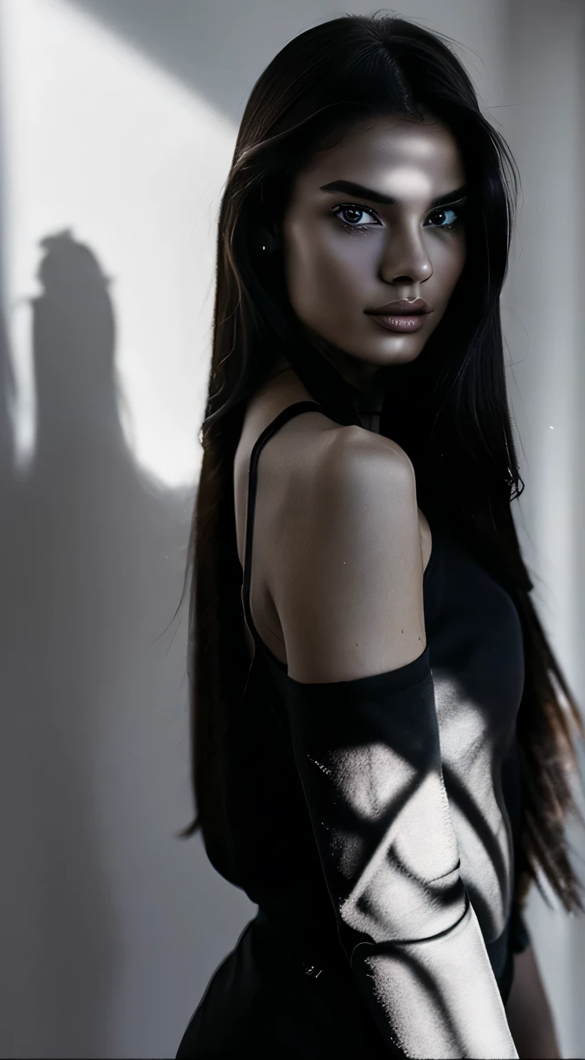 16 thousand., Hyper realistic quality, masterpiece, 1 girl, Chinese, The girl looks like Linda Evangelista in her youth., Anerexic slim model, straight long dark hair, hair grows from the girl's movement, photography portrait, a girl standing, looks straight at us,
((Girl in a black blouse, V-neck blouse, Photography in the studio on a white background., fashion photography, soft shadows, backlight, Fill light, Background light, key light, Monochrome photographs, grainy, photographic quality, cinematic quality.