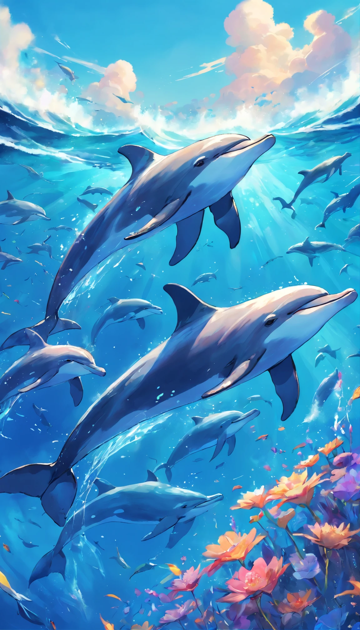 Painting of a flock of dolphins swimming in a colorful sea, Look up at the composition,sky whales, inspired by Cyril Rolando, dreamy psychedelic anime, colorful anime movie background, a beautiful artwork illustration, Authors:Sitao, colorful concept art, makoto shinkai cyril rolando, in style of cyril rolando, flying whales, High Definition Watercolor 8K, highly detailed watercolor 8 K,octane,Fine,Realistic,8K,Shinkai Makoto style( Reasonable design, Clear lines, High Sharpness,Best Quality, Very detailed, masutepiece, Movie Light Effects, 4K )