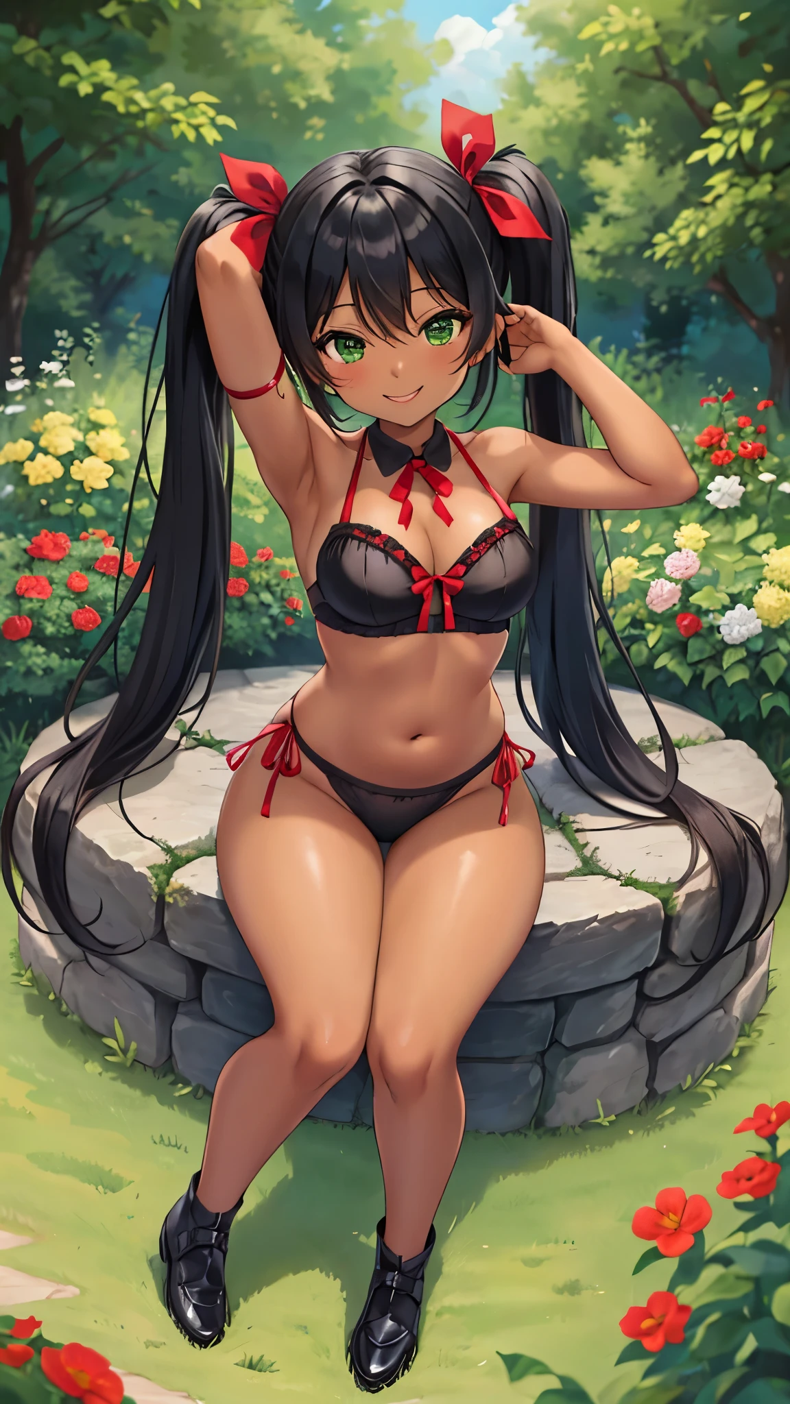 wide hips, Red ribbon in the hair, smile, braces, 18 years old, Twintails, 1woman, alone, dark skin, full body, smooth armpits, dark skin, black hair, green eyes, thick thighs, full body, in garden