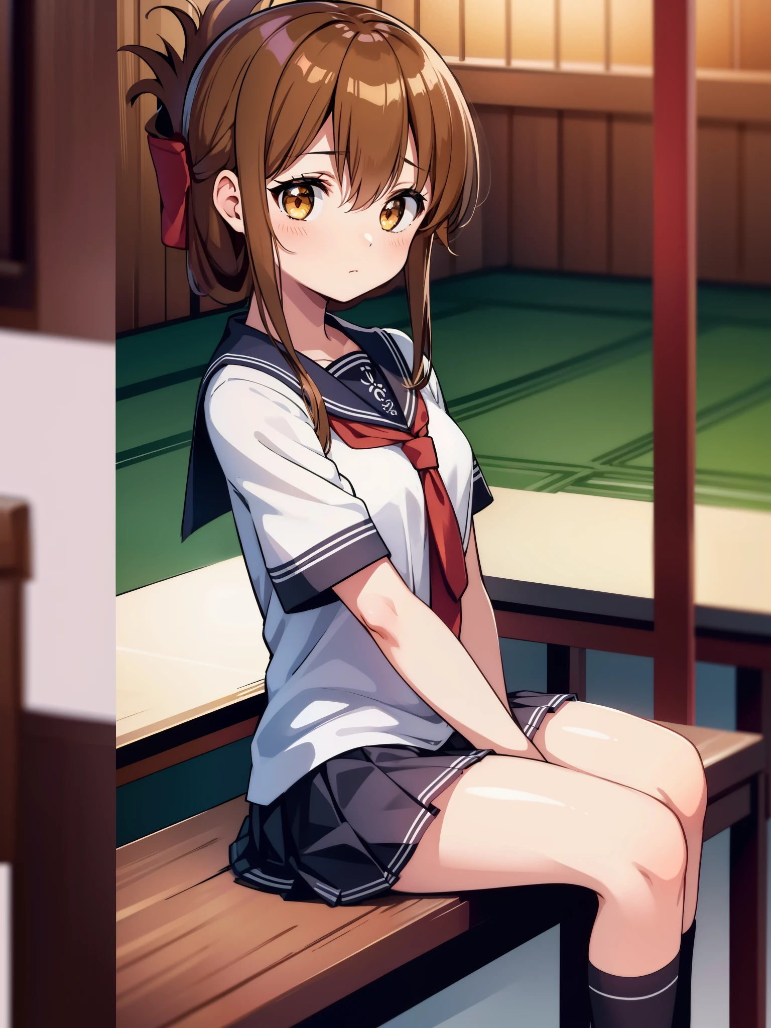 A girl is not feeling well, so she sits on a chair in the gymnasium and observes the class., slightly red face, perfect ultra-real, ultra high resolution, Super detailed, cinematic light and shadow-like picture effects.(masterpiece, best quality:1.2),illustration,8k,hd,1girl,solo,upper body,(portrait:1.2),brown_hair,folded_ponytail,brown_eyes,serafuku,long_hair,school_uniform,skirt,pleated_skirt,