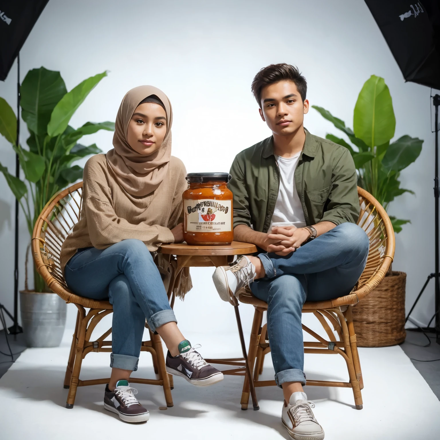 A realistic caricature of a beautiful Indonesian woman, 20 years old, and a young man with short hair, sitting on a rattan chair while looking at the camera, in front of them there is a small round table, there is a rectangular jar of chili sauce with a label that says "PIM\'sSambelJowo" on the table. Photo studio background, bright lighting, there is a large-leaved plant next to the chair, the woman is wearing a hijab, casual clothes, jeans, sneakers, different from the original picture. HD