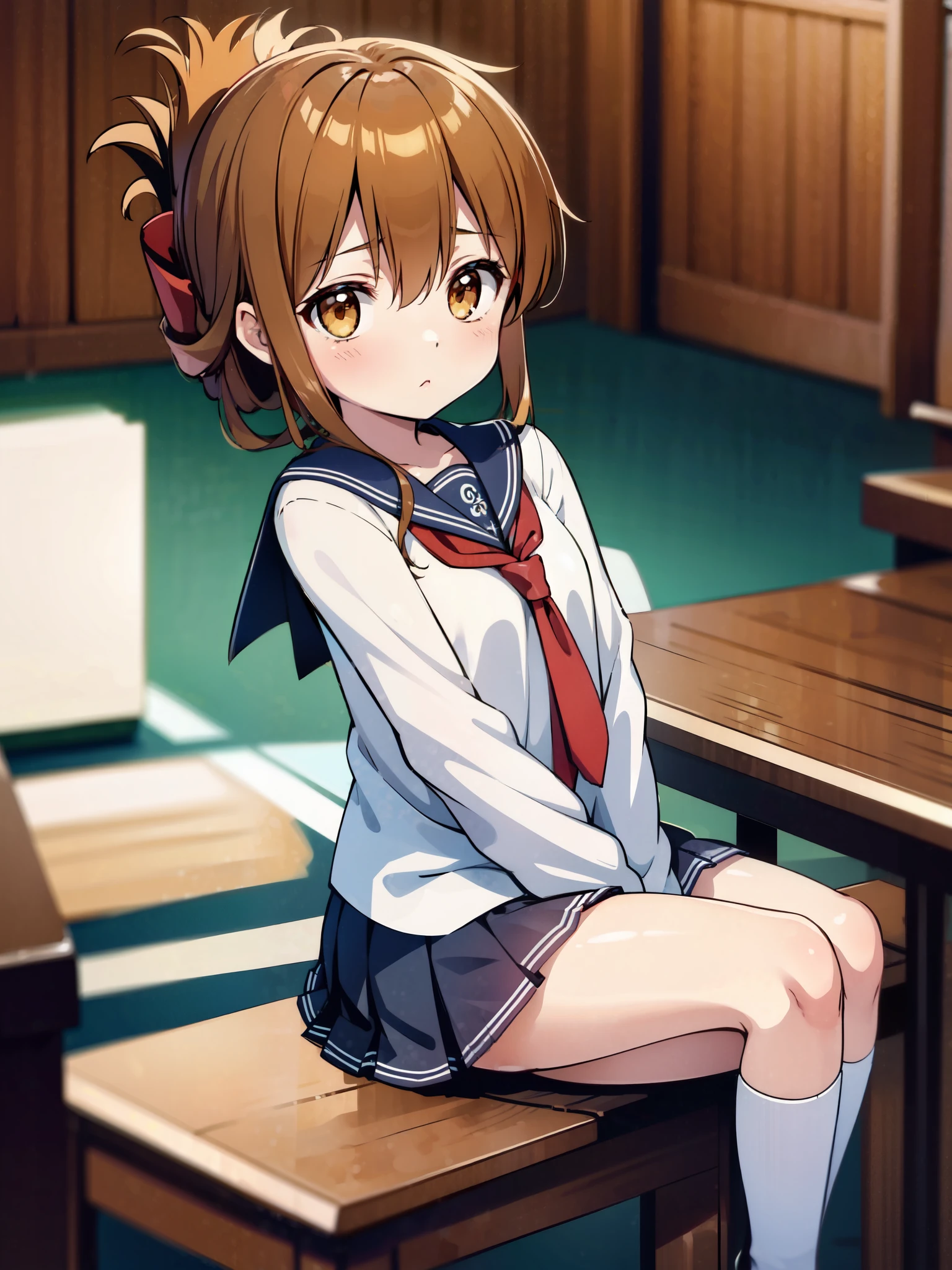A girl is not feeling well, so she sits on a chair in the gymnasium and observes the class., slightly red face, perfect ultra-real, ultra high resolution, Super detailed, cinematic light and shadow-like picture effects.(masterpiece, best quality:1.2),illustration,8k,hd,1girl,solo,upper body,(portrait:1.2),brown_hair,folded_ponytail,brown_eyes,serafuku,long_hair,school_uniform,skirt,pleated_skirt,