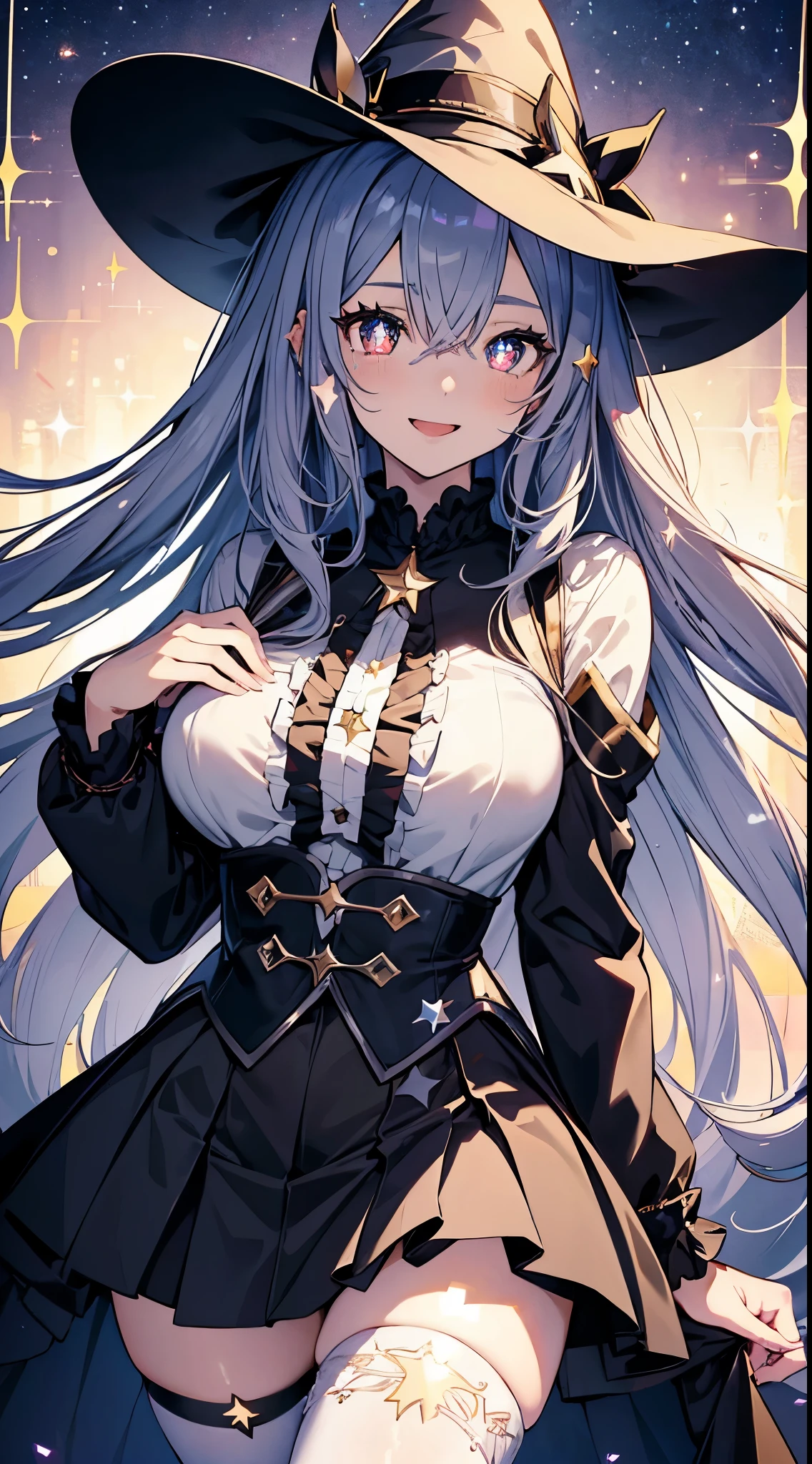 masterpiece, best quality,ultra detailed,Full limbs,
anime moe art style,ultra detailed face,
(ultra detailed eyes,beautiful black eyes),
1girl,rori,small girl,open mouth,
messy curly ravishing silver super long hair,
((((star-shaped pupils,sparkling eyes)))),
huge large breasts silhouette,frilled impossible clothes,
blouse,skirt,pantyhose,witch-hat,
((shiny idol smile)),