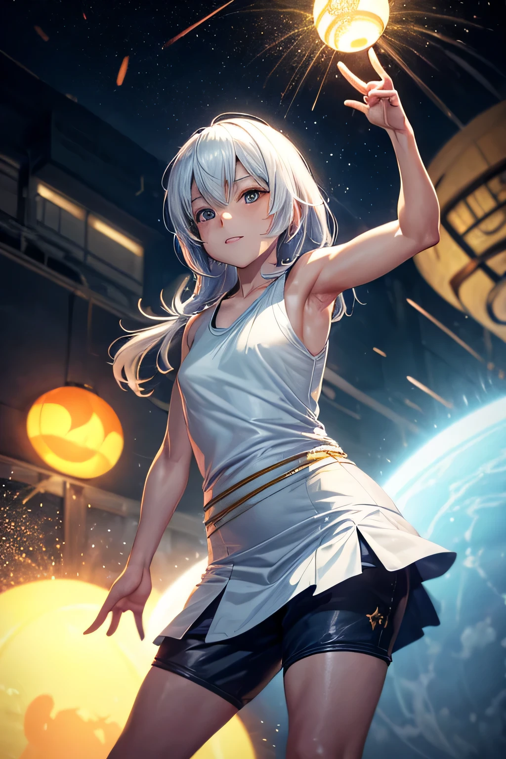 1 girl, tank top, Long hair ,white hair, yellow eyes, magic circle, blue light, เปลวblue light, Wallpaper, terrain, blood, blood splatter, depth of field, at night, light particles, light rays, On the side of the road, thigh, luck \(set\), Genshin Impact, ****, , thighสูง, Cloud,sexy poses,shorts, Casting light magic