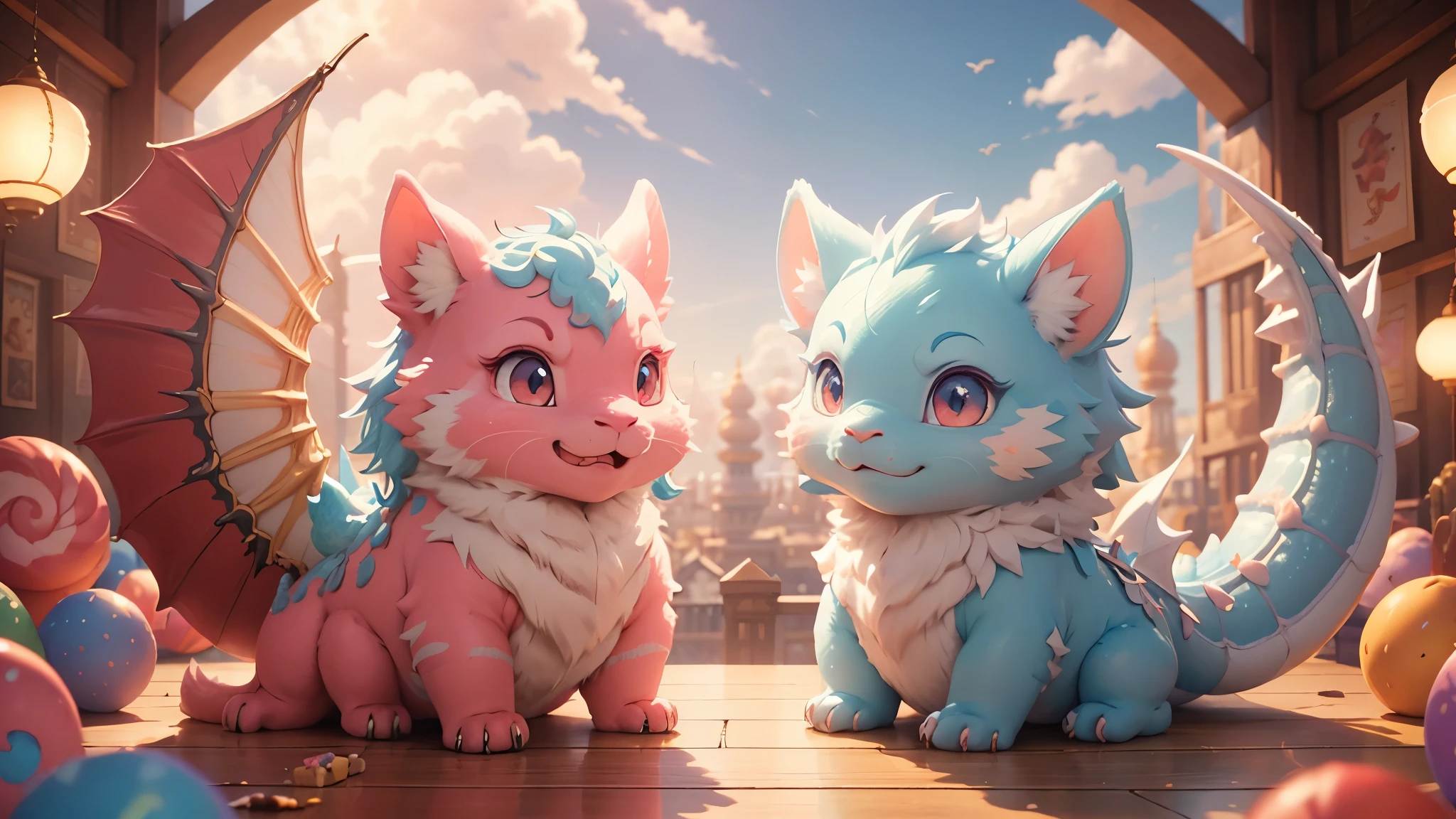 (highest quality), Candy Dragon，side、digital art，western dragon, fluffy surface, Textured Sugar, laughter, big round eyes，cute，Deliciously vibrant colors, pastel tones, 3D rendering、fly in the sky、clear blue sky、palace、cinematic lighting、movie pose、Bokeh．