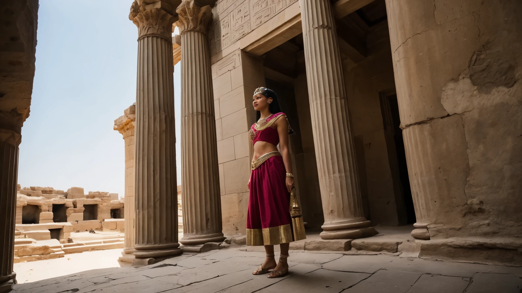 zendaya portrayed as Cleopatra, looking at the sky from the balcony of an ancient Egyptian palace, phothotorealistic scene, dramatic, cinematic, 4k resoltion, hyperdetailed, dramatic scene, full body angle, front view,