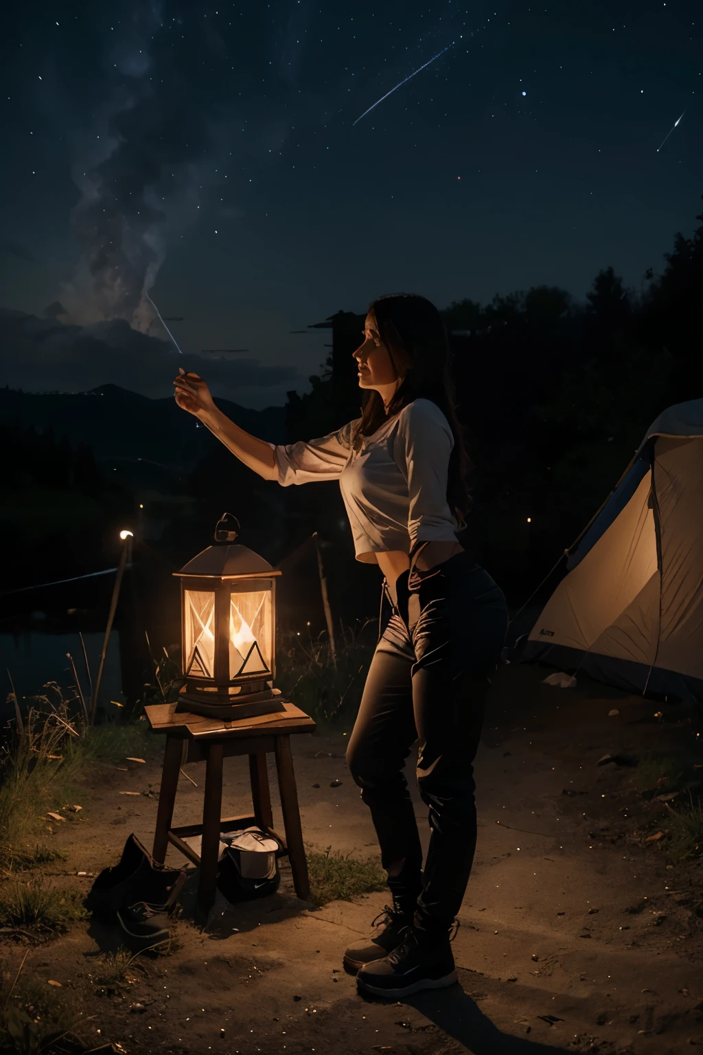 1 femme ((Haut du corps selfie, heureux)), chef-d'artwork, best quality, Ultra-detailed, Seulement, outside, (nuit), montagnes, nature, (stars, lune) joyeux, heureux, backpack, sac de couchage, stove, bouteille d'eau, bottes de montagne, gants, pull-over, a, lanterne, forest, des pierres, river, bois, smoke, ombres, contraste, ciel clair, style , (teinte chaude, ton chaud: 1,2), Fermer, cinematic light, side lighting, ultra high resolution, meilleure ombre, BRUT, Haut du corps, wear Nike brand clothing