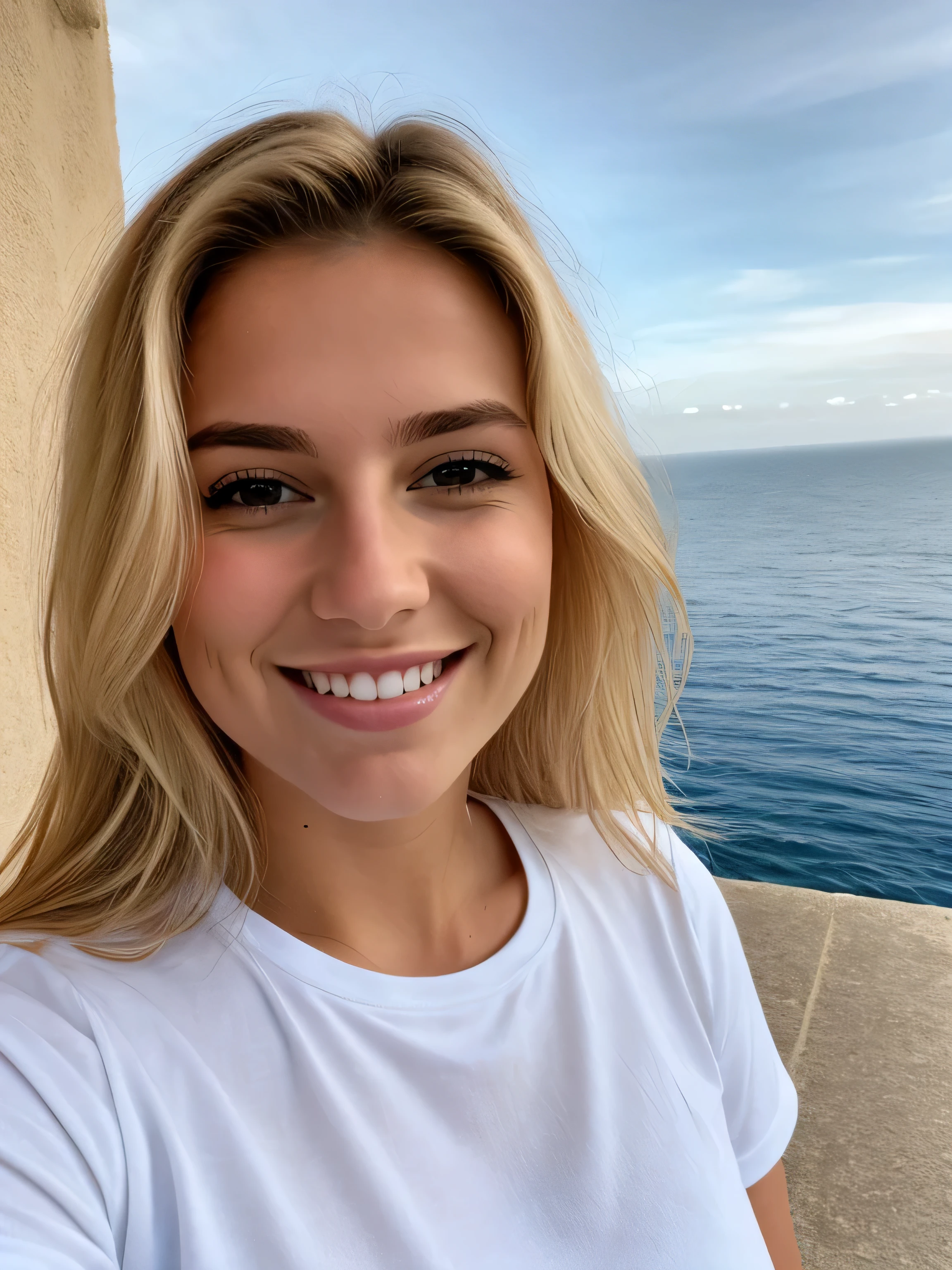 une femme blonde souriante de 23 ans fait un selfie en plein air au bord de la mer, Très beau temps, on voit la mer en arrière-plan, la mer couvre tout le fond, grand ciel bleu ensoleillé, Photoréalisme, Cheveux blonds with the racines châtain clair, cheveux blond, Cheveux avec des racines brunes,  yeux bleus, belle femme, vue de face, unt-shirt moulant blanc, Haute qualité, selfie