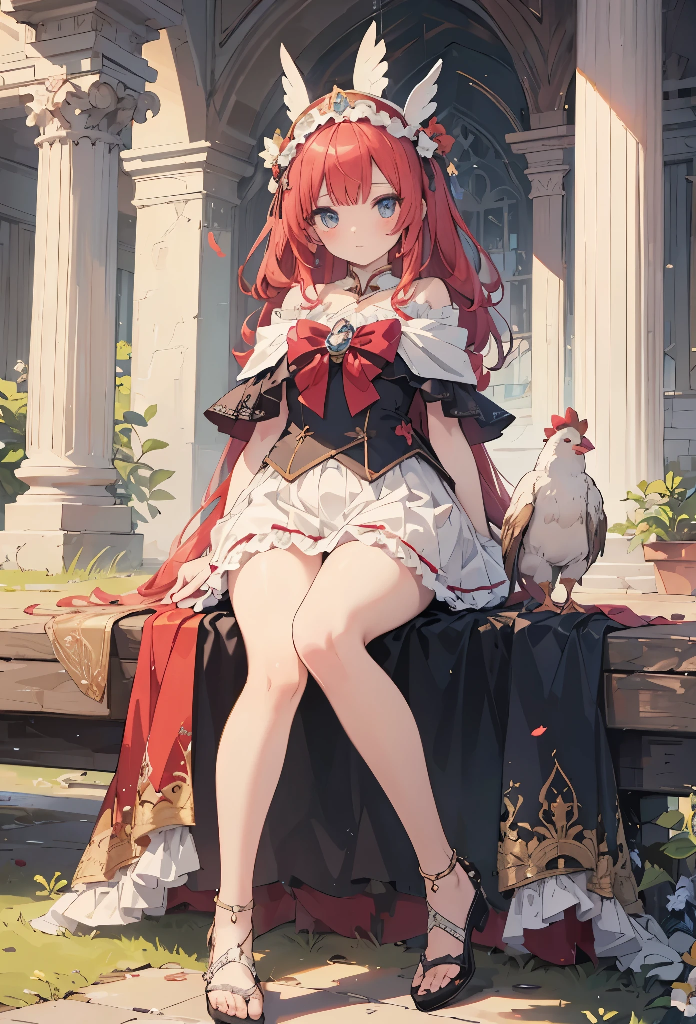 ((Highly accurate drawing in every detail)Extremely precise depiction)[High resolution],(detailed illustrations,Very detailed and precise drawing,Delicate drawn lines with tempo,Realistic texture expression),[color traced main line],[early spring park [grassland[flower bed]]],(HENTAI anime Girl (Pretty)  [Plump]) (pale red hair [straight hair]) ((Magical girl)),([chicken[white leghorn]] headdress)(Short cape (off shoulder)[Lace Ruffled Ribbon](Tiered skirt))[[low rise]],[Silk Fabric],transparency [Soft ambient light] gravure [Colorful],(intricate and beautiful decoration [Dense detail]),(Fine and beautiful skin expression [transparency]),Precisely drawn eyes[完璧な目のdetailed(Iris drawn in minute detail)(Beautiful eyes like jewels)],[eyes light[Pinpoint lighting for the eyes]],[long and beautiful eyelashes],[precisely drawn hair [美しく艷やかな髪のdetailed]],(完璧な手のdetailed [Beautiful fingers with no damage [beautiful nails]]),(perfect anatomy(perfectly balanced proportions))[[full body portrait]],[ideal color coordination(Accurate simulation of light and material interactions)],([Precision Detail](detailed,High definition)),[[Pale and gentle colors]][Visual art that tells a story].