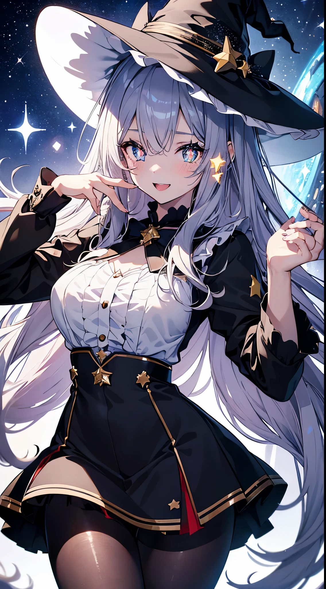 masterpiece, best quality,ultra detailed,Full limbs,
anime moe art style,ultra detailed face,
(ultra detailed eyes,beautiful black eyes),
1girl,rori, girl,open mouth,
messy curly ravishing silver super long hair,
((((star-shaped pupils,sparkling eyes)))),
huge large breasts silhouette,frilled impossible clothes,
blouse,skirt,pantyhose,witch-hat,
((shiny idol smile)),