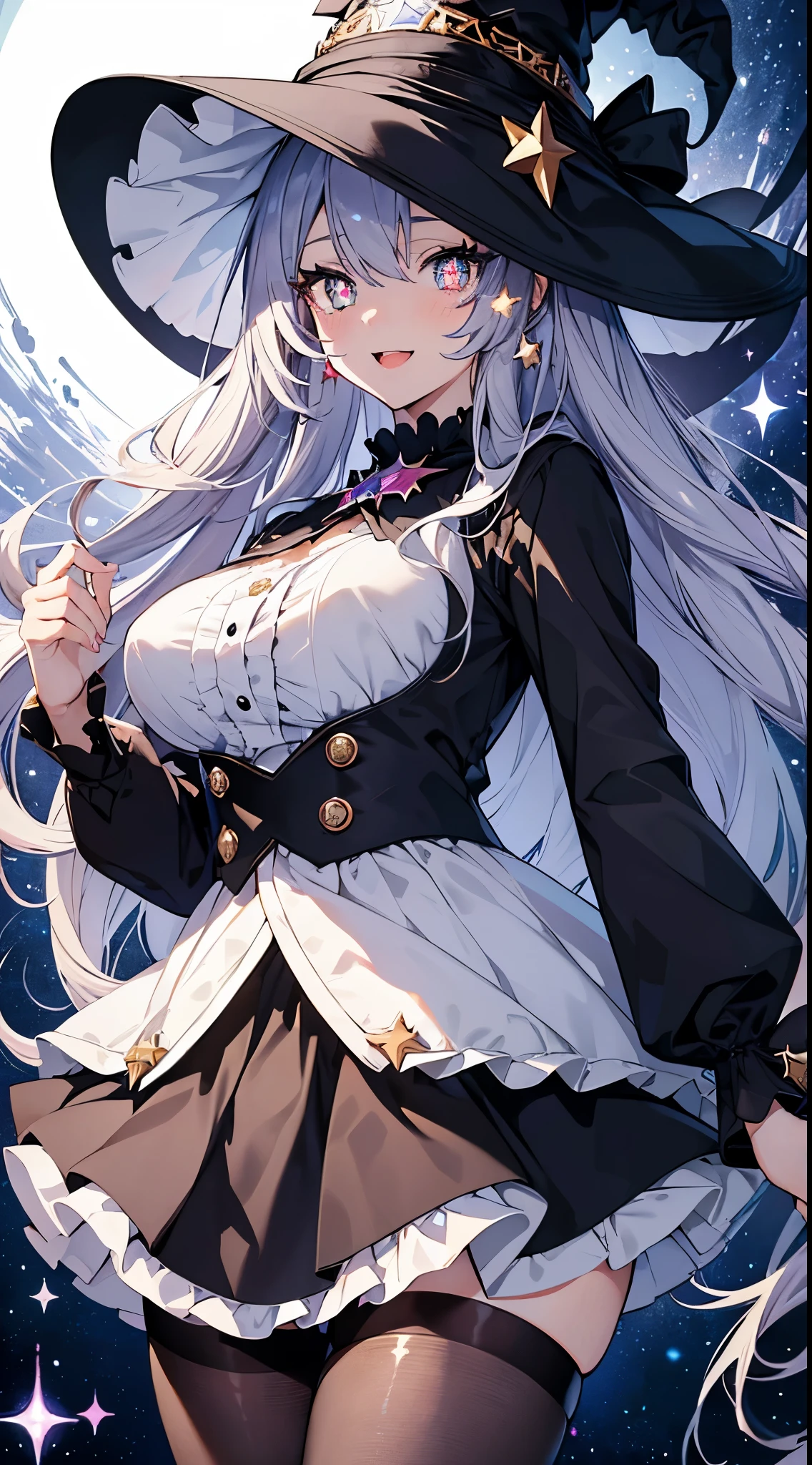 masterpiece, best quality,ultra detailed,Full limbs,
anime moe art style,ultra detailed face,
(ultra detailed eyes,beautiful black eyes),
1girl,rori, girl,open mouth,
messy curly ravishing silver super long hair,
((((star-shaped pupils,sparkling eyes)))),
huge large breasts silhouette,frilled impossible clothes,
blouse,skirt,pantyhose,witch-hat,
((shiny idol smile)),