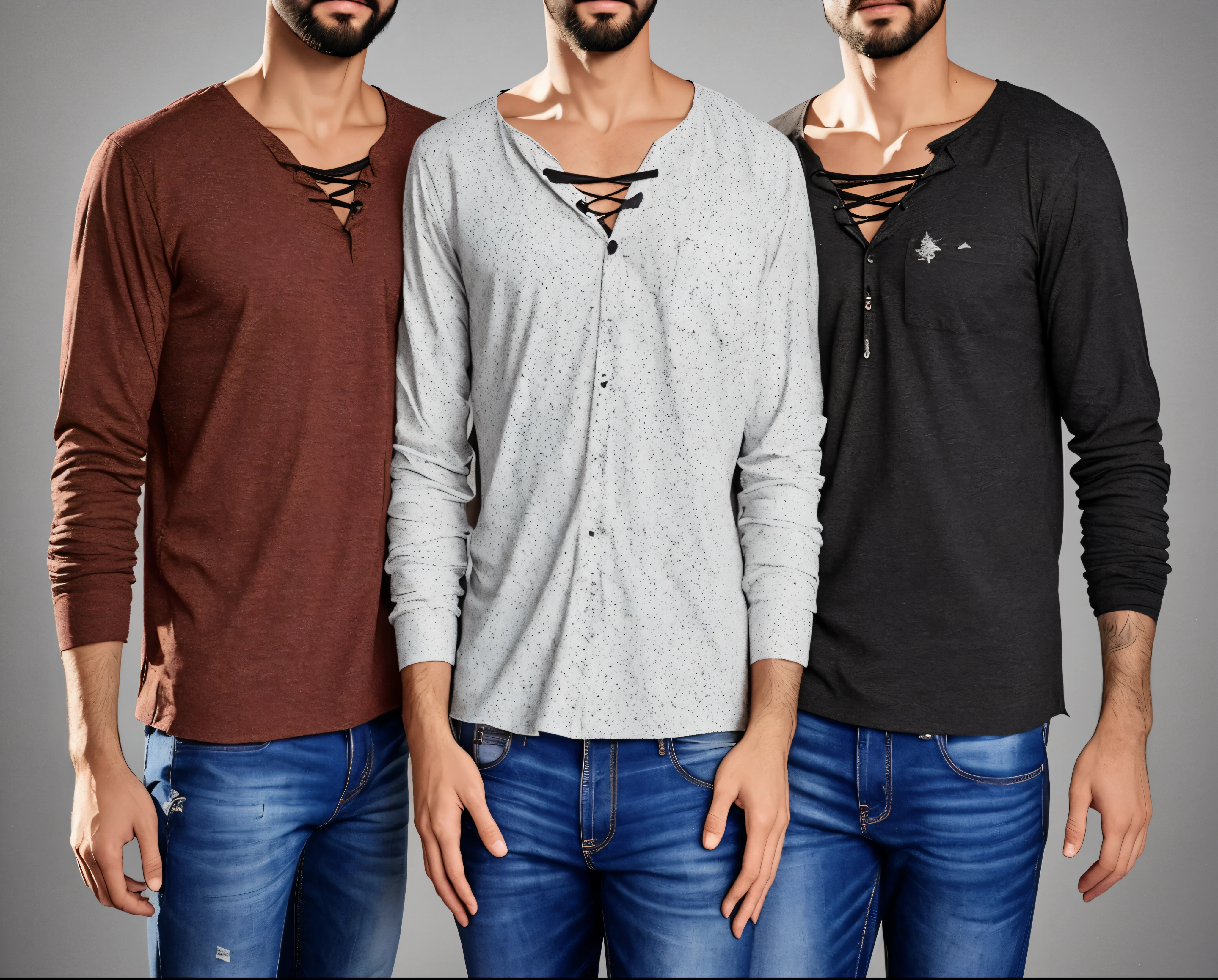three men with shirts and beards of different colors, um ao lado do outro, ripped Roupas, realistic Roupas, roupas esfarrapadas, tattered Roupas, rasgado!! Roupas, tecido rasgado, realistically rendered Roupas, rasgado clothes, super realistic”, roupas esfarrapadas, rasgado Roupas, destroyed clothes, vestindo roupas rasgadas, camisa de malha, highly detailed Roupas, malhas corporais