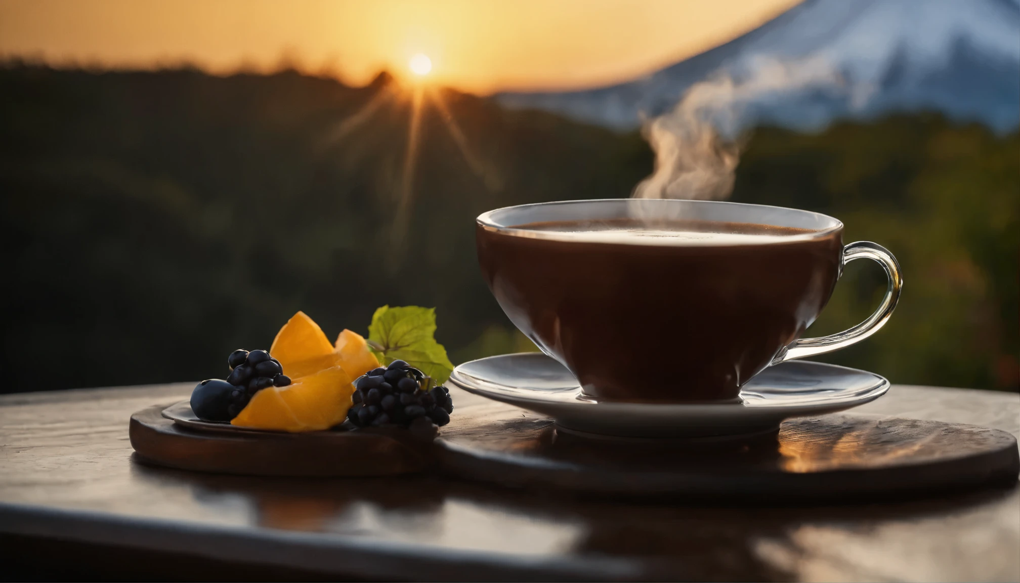 mount Fuji, a cup of coffee under bright blue sky, steam coming from coffee in cup, Berries and fruit on table in a bowl, evening outdoors, masterpiece, best quality, super detailed, high resolution, very detailed, 8k uhd, (fidelity, fidelity: 1.5), (natural light), amazing, photon mapping, radiosity, amazing physically based rendering, fine detail, best, high quality, raw photos,