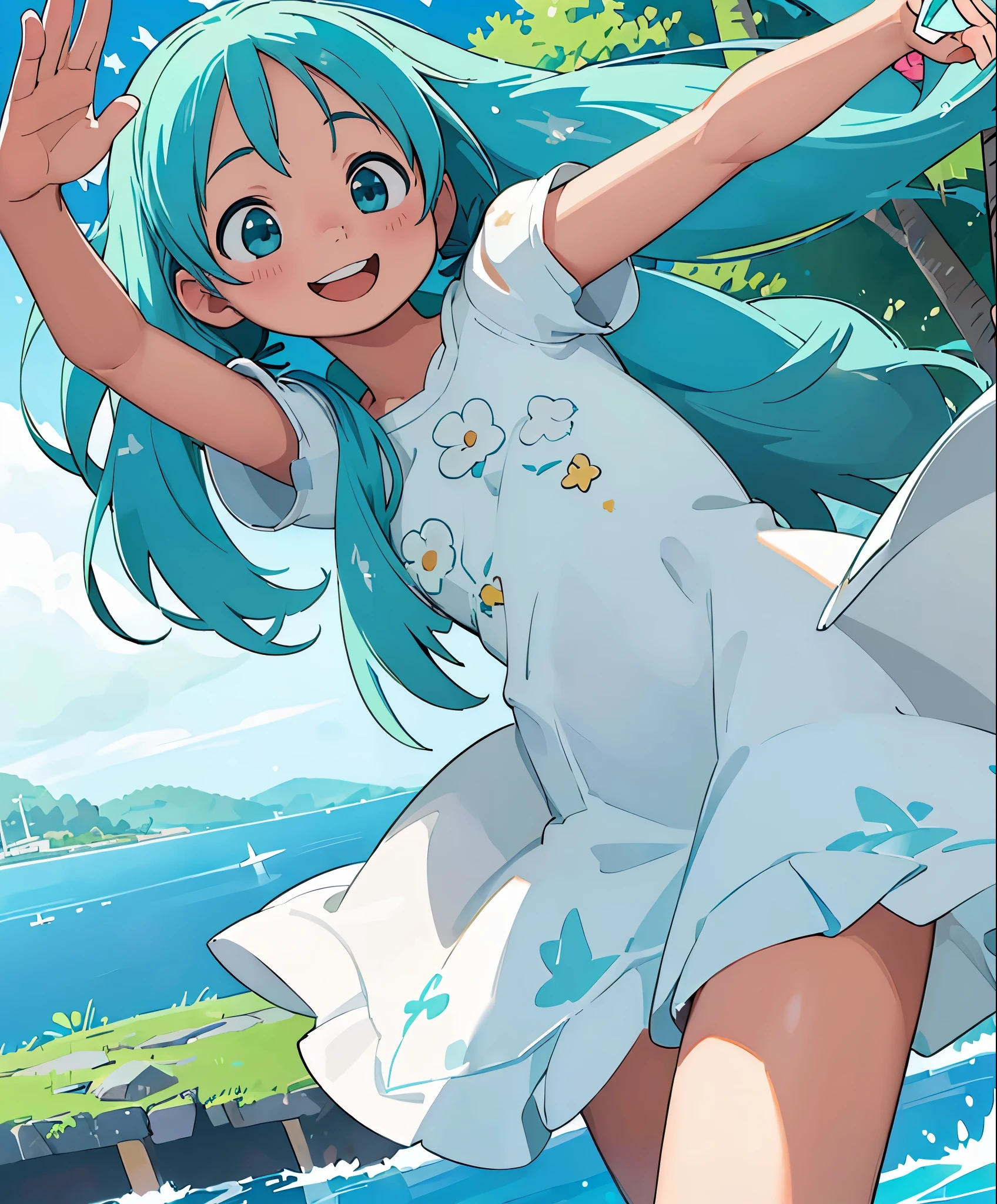 (masterpiece、highest quality、highest quality、official art、beautiful beautiful:1.2)、(1 girl:1.3)Hatsune Miku、beautiful breasts、twin tails、adorable smile、very detailed、16 year old girl,Waving loudly with a remote island in the background,Summery white dress