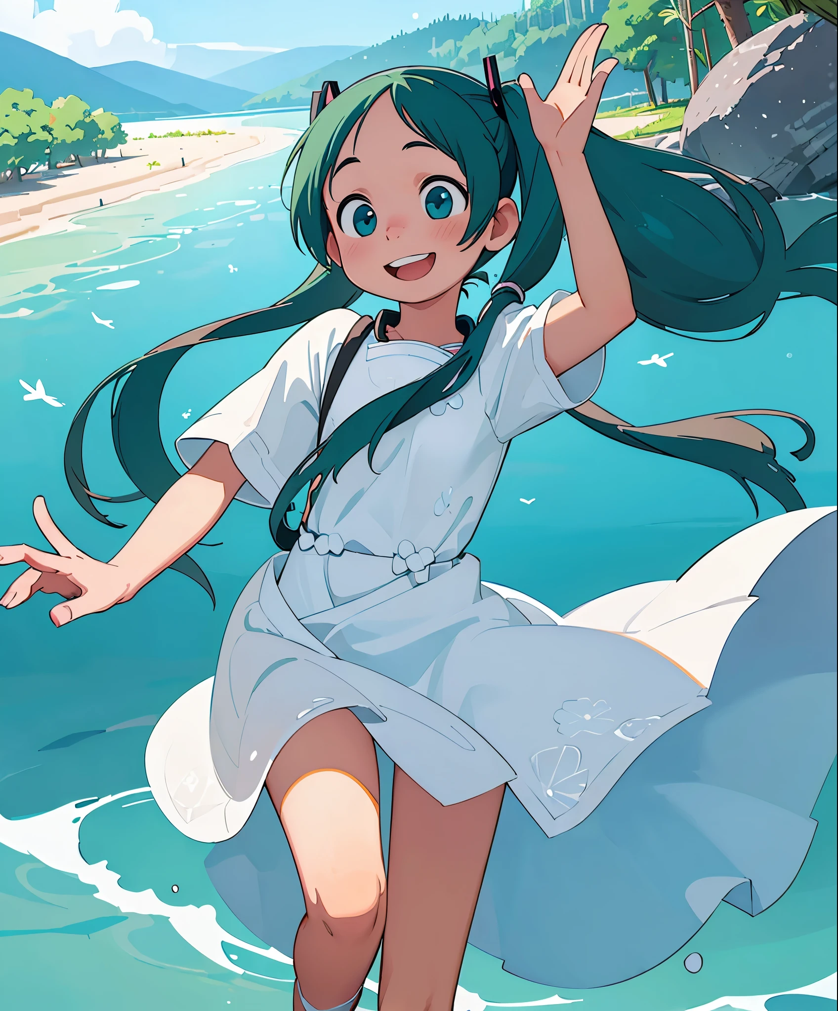 (masterpiece、highest quality、highest quality、official art、beautiful beautiful:1.2)、(1 girl:1.3)Hatsune Miku、beautiful breasts、twin tails、adorable smile、very detailed、16 year old girl,Waving loudly with a remote island in the background,Summery white dress
