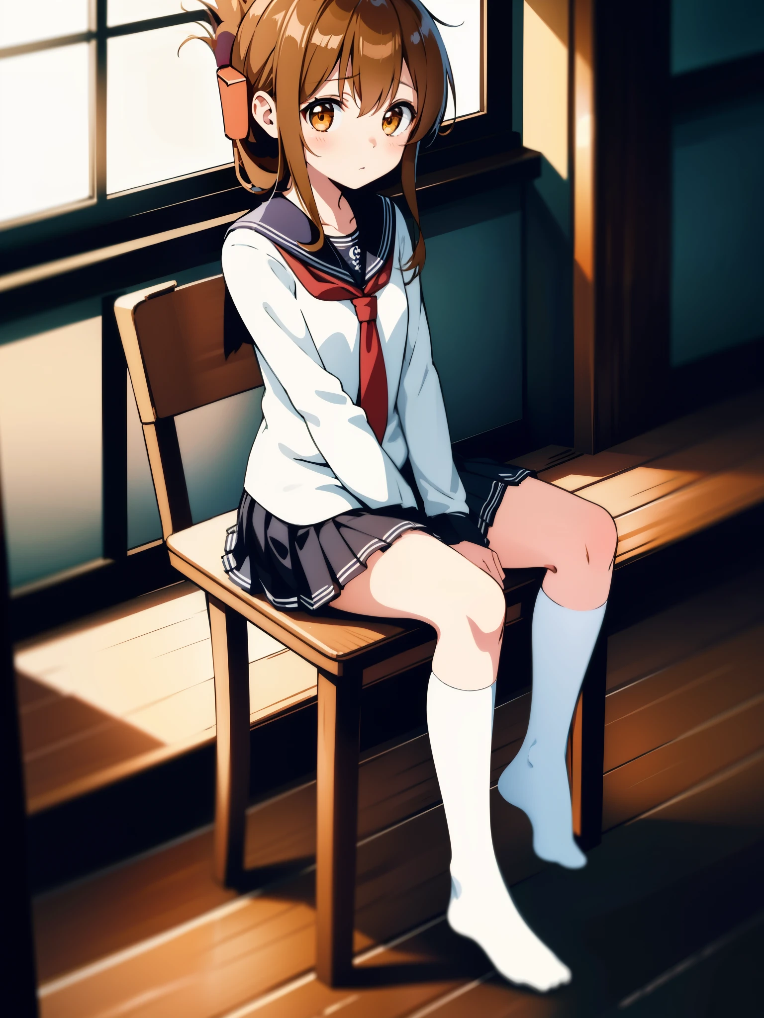 A girl is not feeling well, so she sits on a chair in the gymnasium and observes the class.,  slightly red face, perfect ultra-real, ultra high resolution, Super detailed, cinematic light and shadow-like picture effects.(masterpiece, best quality:1.2),illustration,8k,hd,1girl,solo,upper body,(portrait:1.2),brown_hair,folded_ponytail,brown_eyes,serafuku,long_hair,school_uniform,skirt,pleated_skirt,