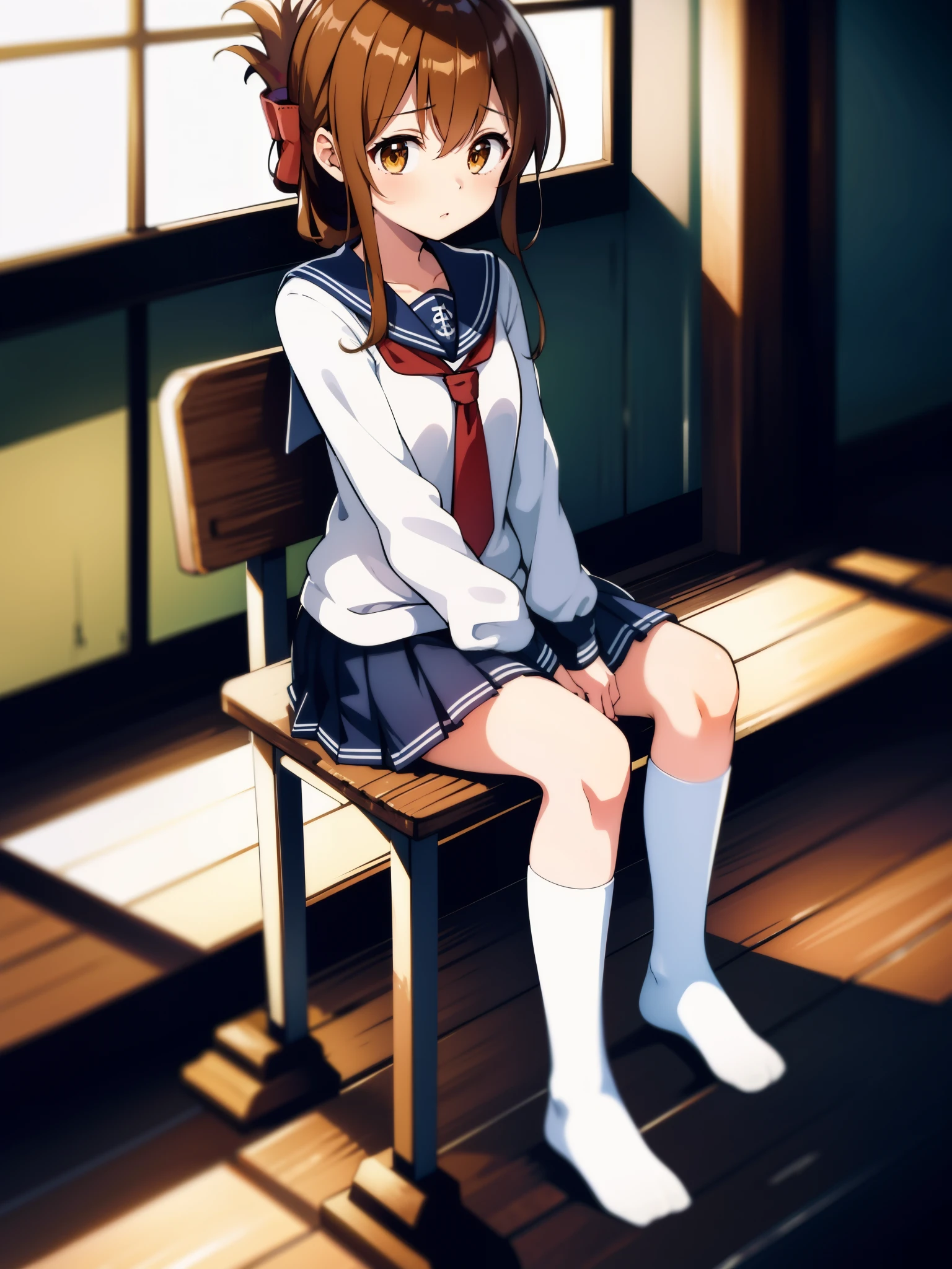 A girl is not feeling well, so she sits on a chair in the gymnasium and observes the class., slightly red face, perfect ultra-real, ultra high resolution, Super detailed, cinematic light and shadow-like picture effects.(masterpiece, best quality:1.2),illustration,8k,hd,1girl,solo,upper body,(portrait:1.2),brown_hair,folded_ponytail,brown_eyes,serafuku,long_hair,school_uniform,skirt,pleated_skirt,