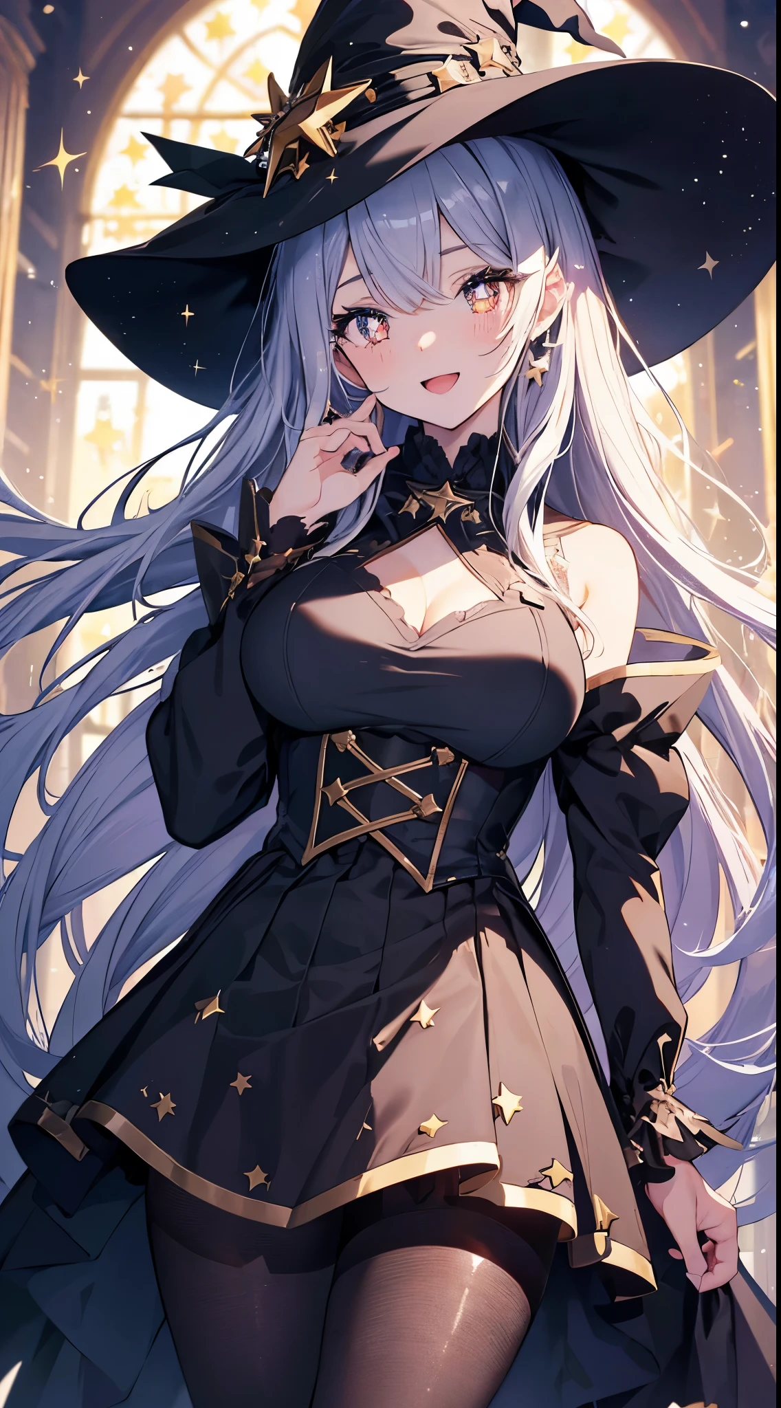 in 8K、top-quality、masterpiece、ultra-detailliert、Ultra-high resolution、((1 persons))、girl with、Halloween、witch's hat、a blond、Braided hair、Black dress、bare shoulders、cleavage of the breast、makeups、eyeshadows、A bracelet、A bustling city、Sit on the roof、Black cat